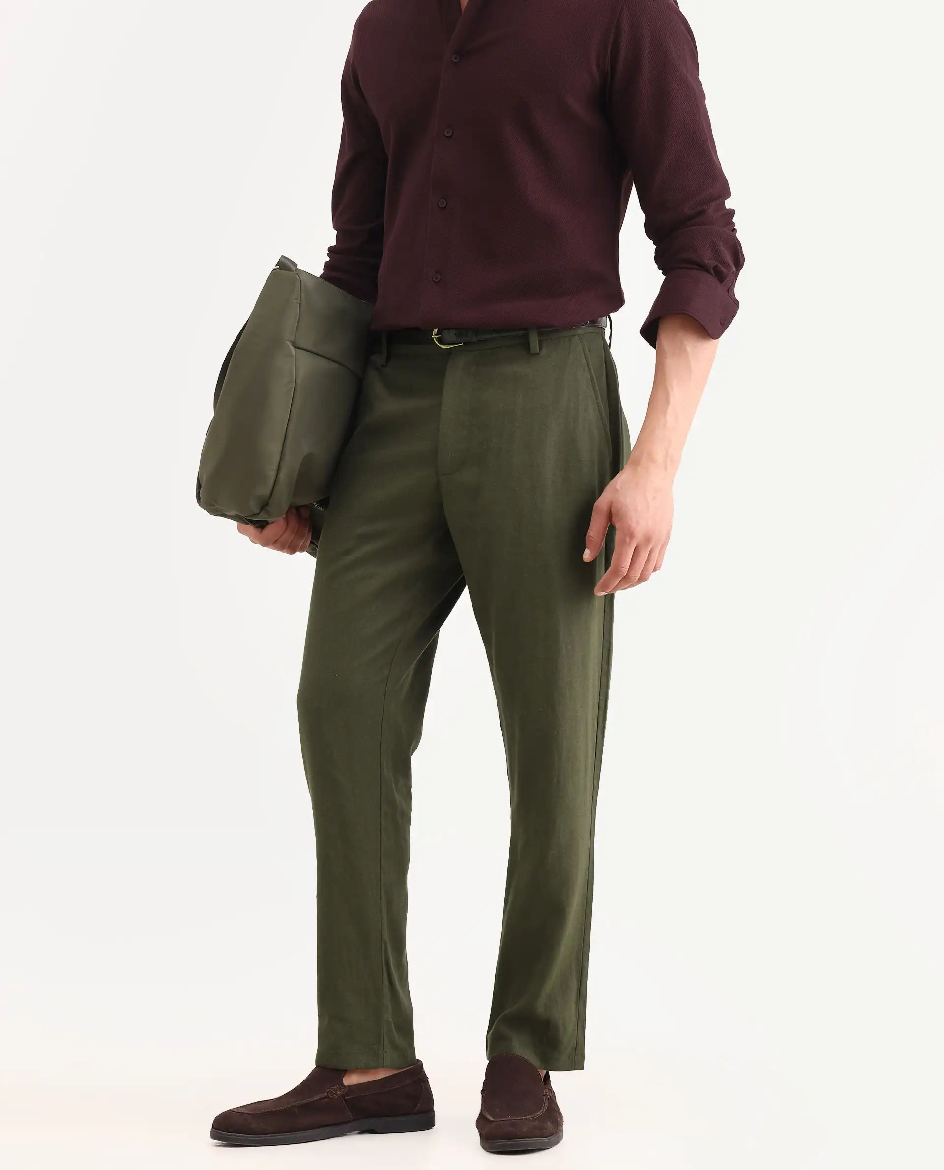 Rare Rabbit Men's Jomo-Ss26 Olive Linen Blend Fabric Regular Fit Plain Trouser - Image 2