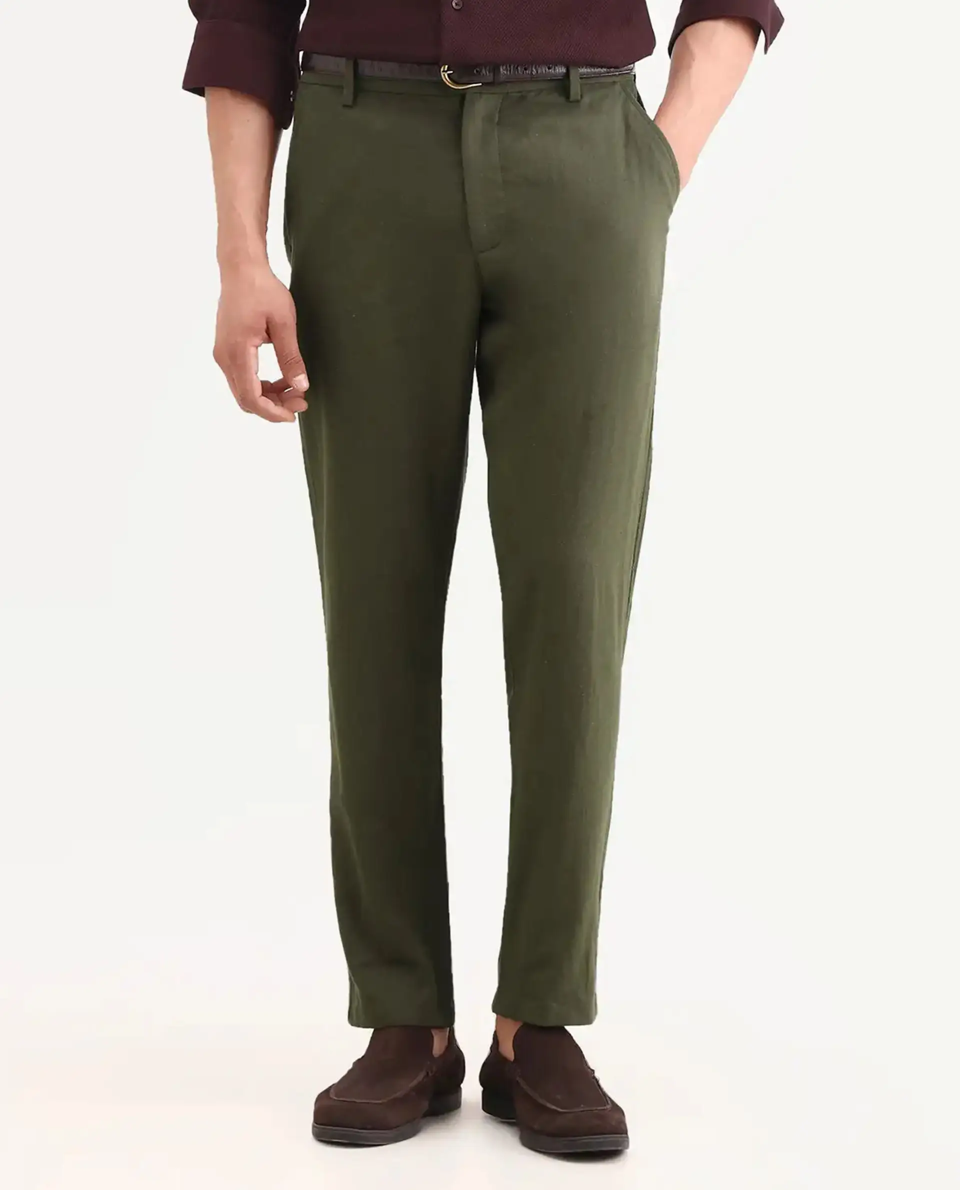Rare Rabbit Men's Jomo-Ss26 Olive Linen Blend Fabric Regular Fit Plain Trouser - Image 8