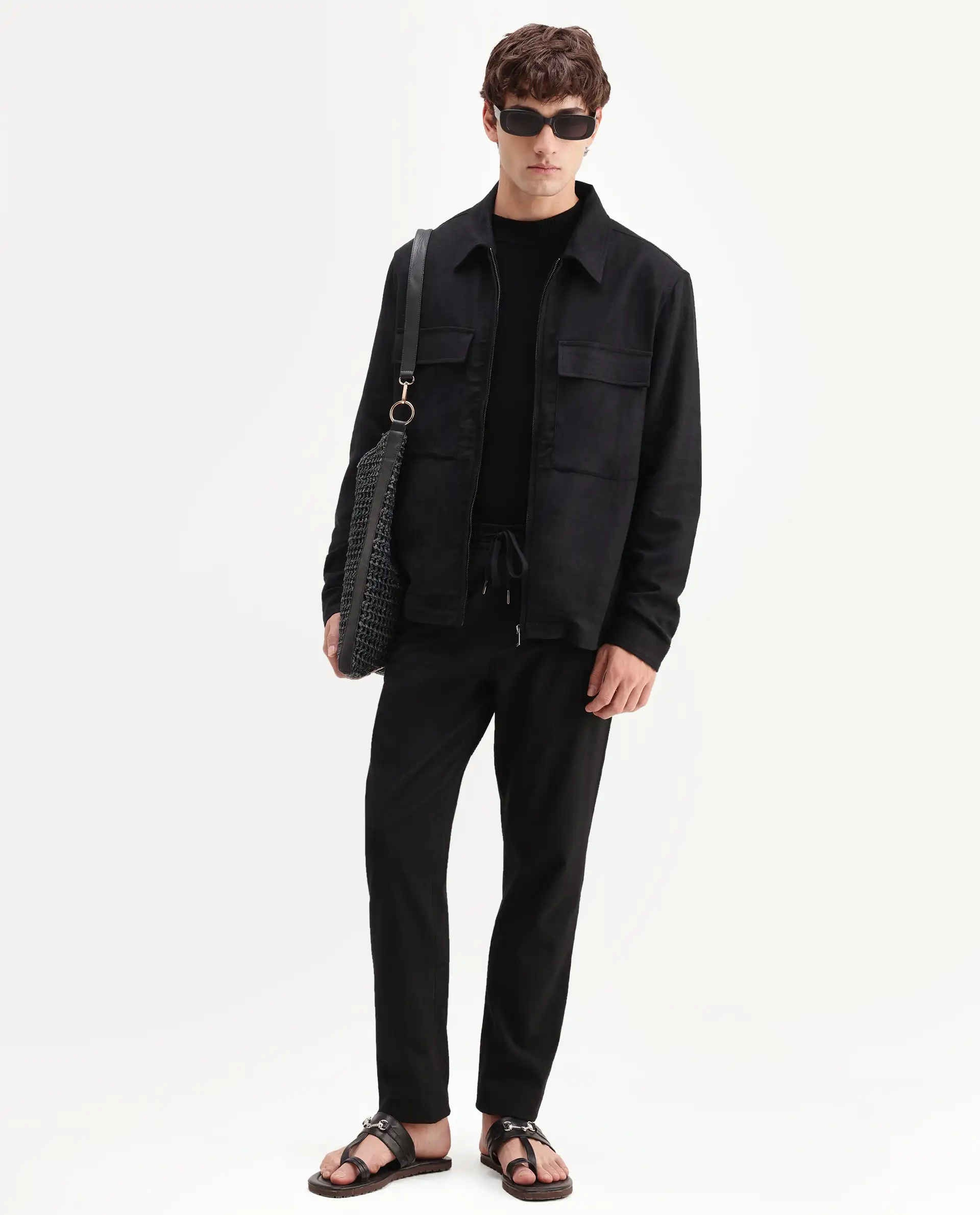 Rare Rabbit Men's Jomo-T-26 Black Linen Blend Spread Collar Zipper Regular Plain Shacket - Image 2