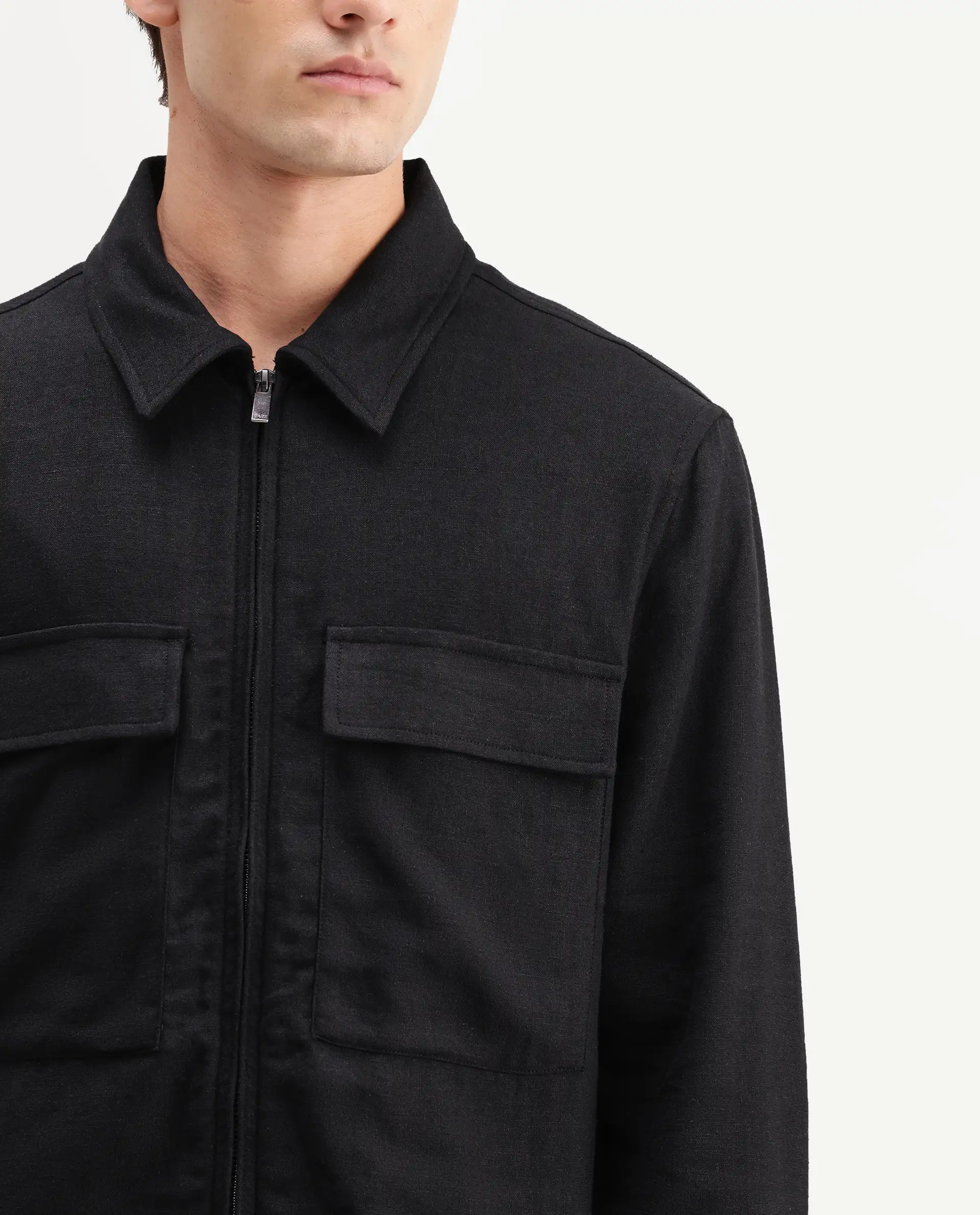 Rare Rabbit Men's Jomo-T-26 Black Linen Blend Spread Collar Zipper Regular Plain Shacket - Image 3