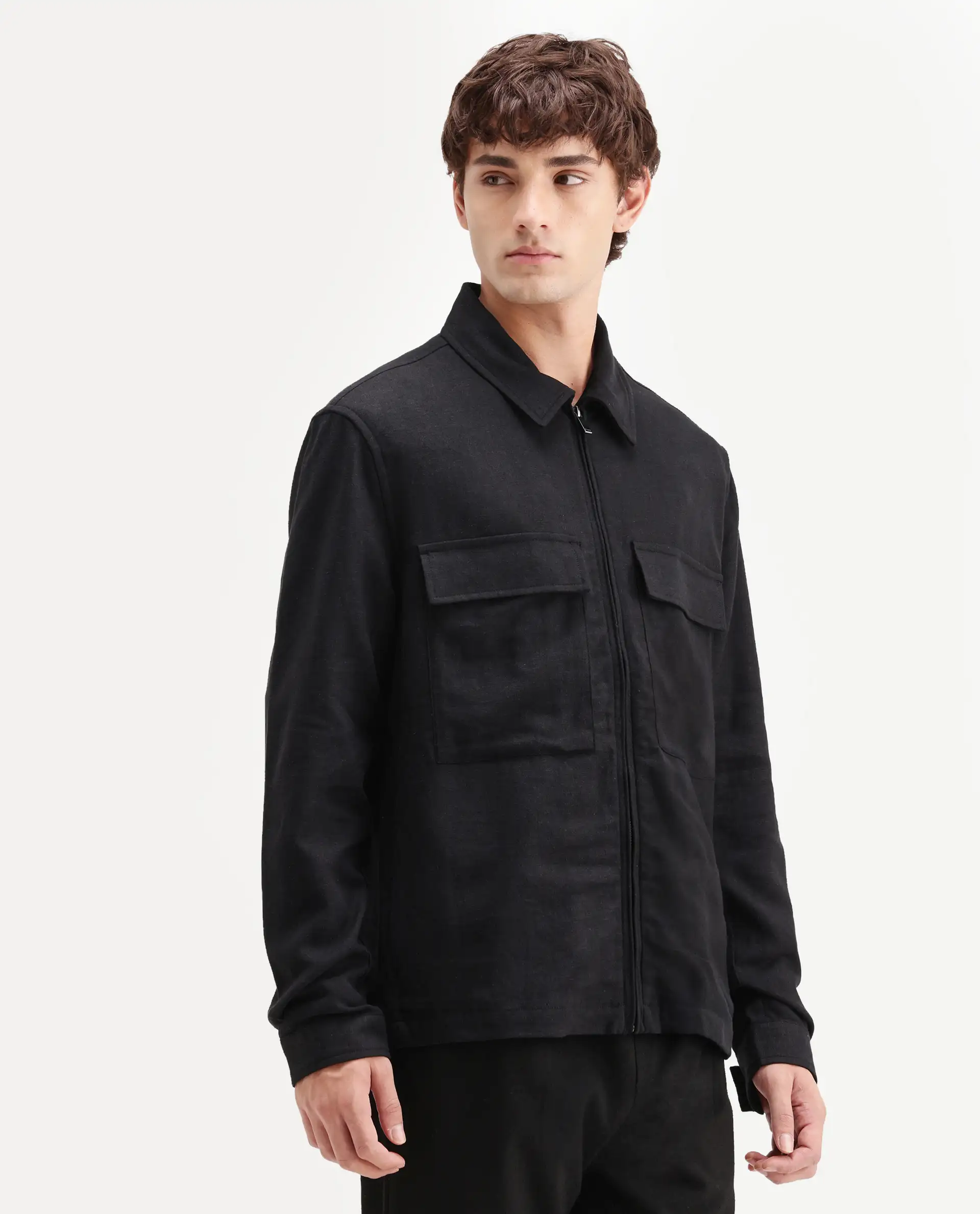 Rare Rabbit Men's Jomo-T-26 Black Linen Blend Spread Collar Zipper Regular Plain Shacket - Image 4