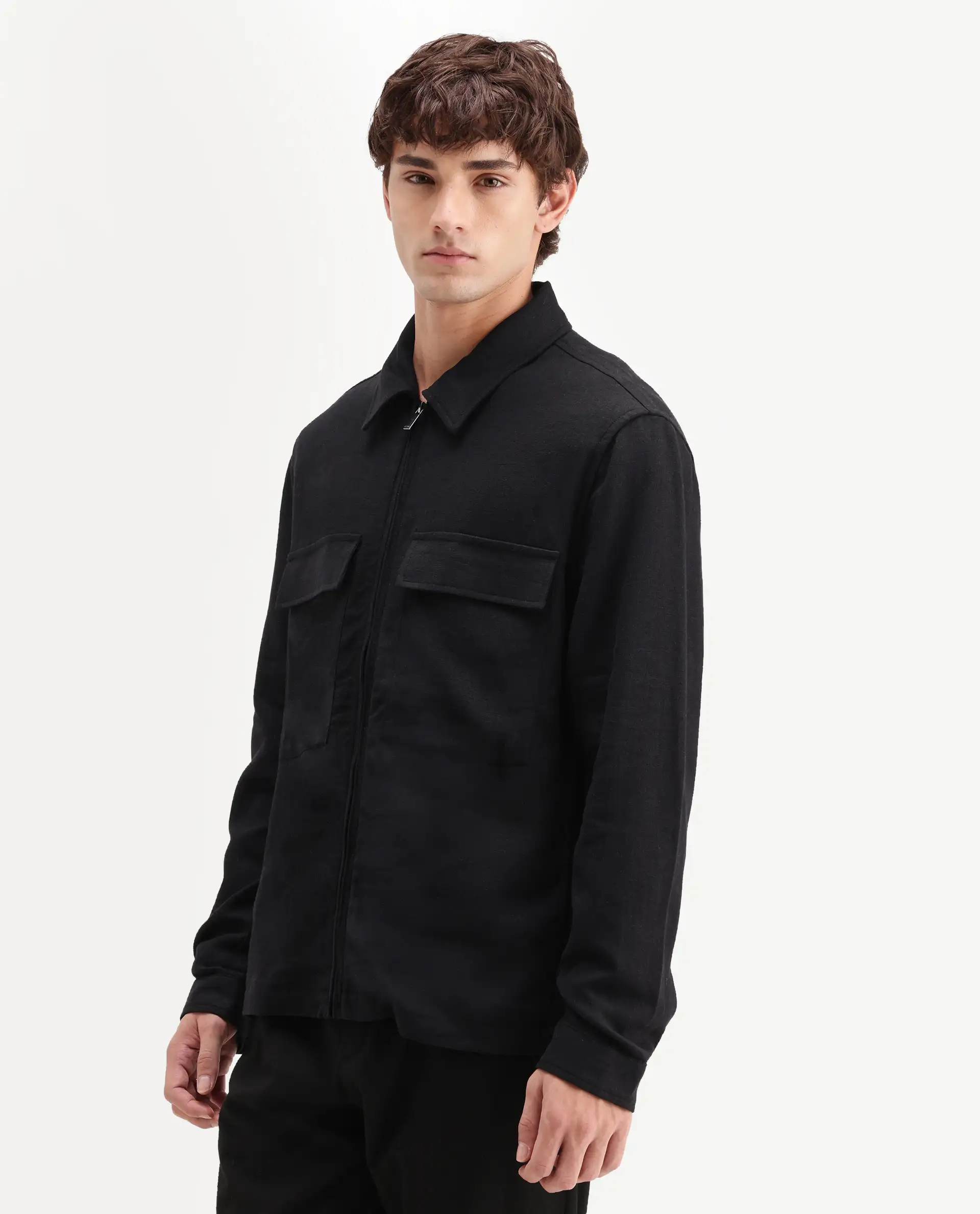 Rare Rabbit Men's Jomo-T-26 Black Linen Blend Spread Collar Zipper Regular Plain Shacket - Image 5