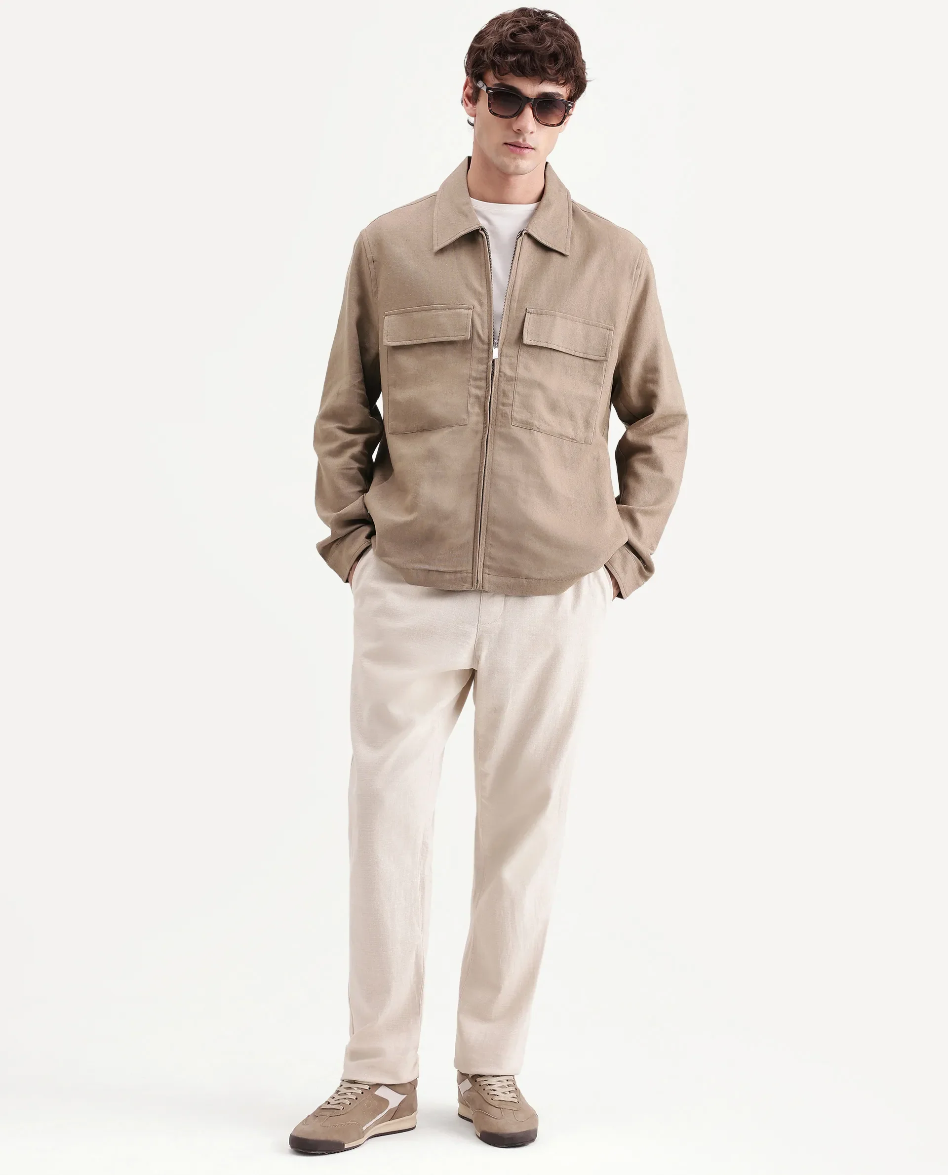 Rare Rabbit Men's Jomo-T-26 Khaki Linen Blend Spread Collar Zipper Regular Plain Shacket - Image 2