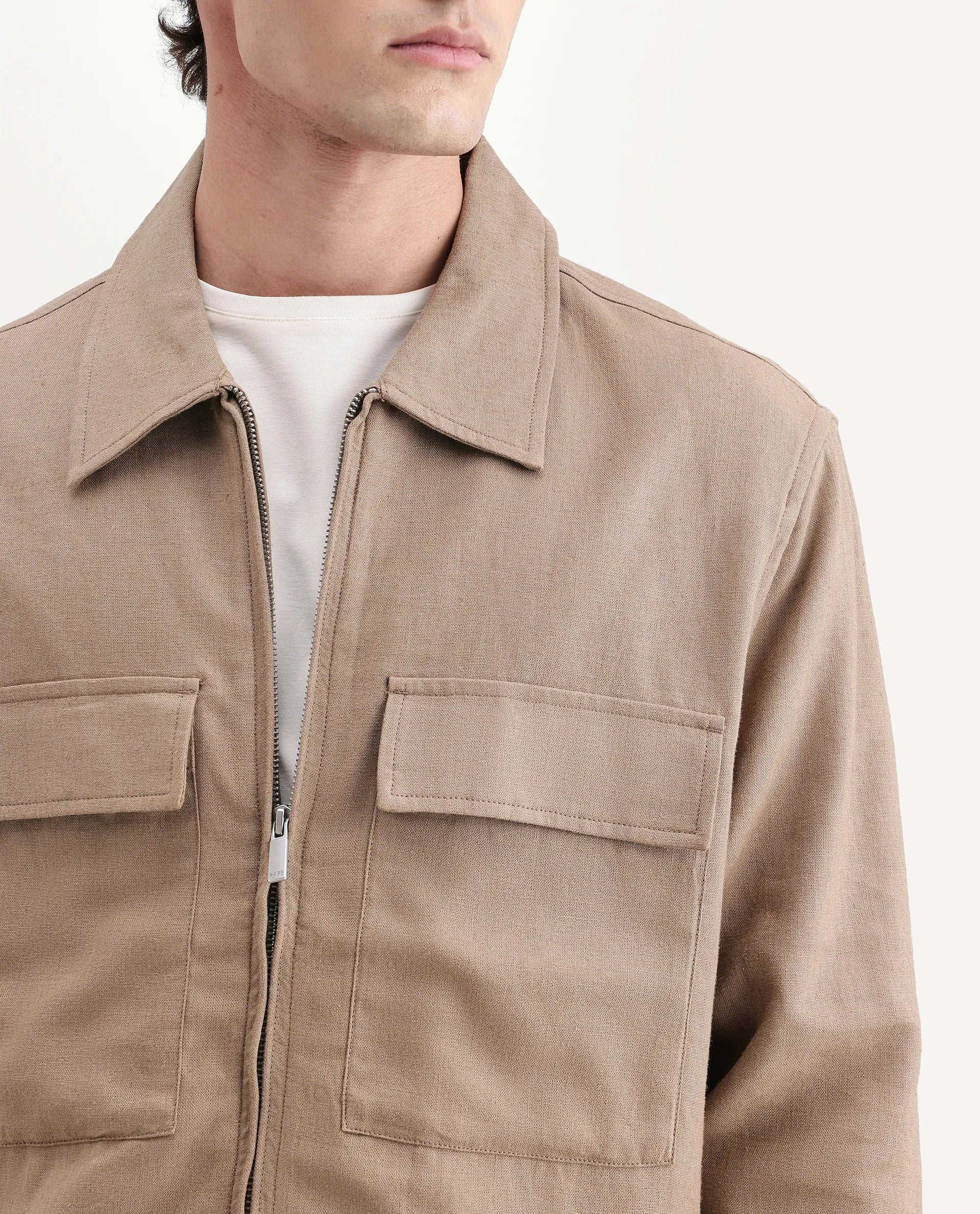 Rare Rabbit Men's Jomo-T-26 Khaki Linen Blend Spread Collar Zipper Regular Plain Shacket - Image 3