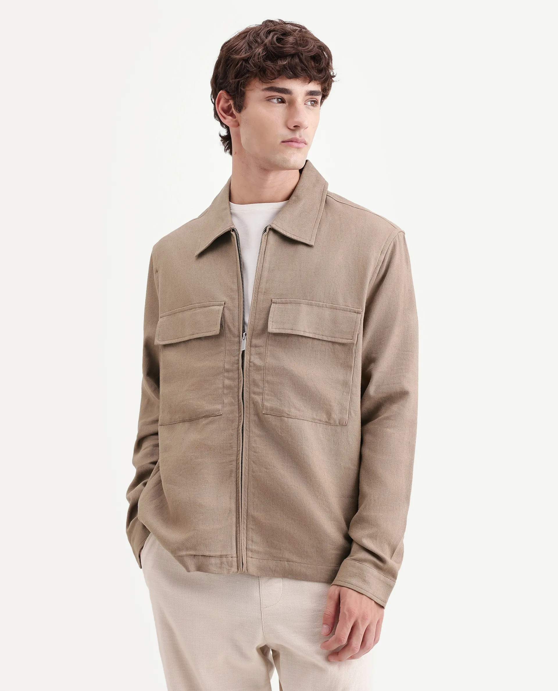 Rare Rabbit Men's Jomo-T-26 Khaki Linen Blend Spread Collar Zipper Regular Plain Shacket - Image 4