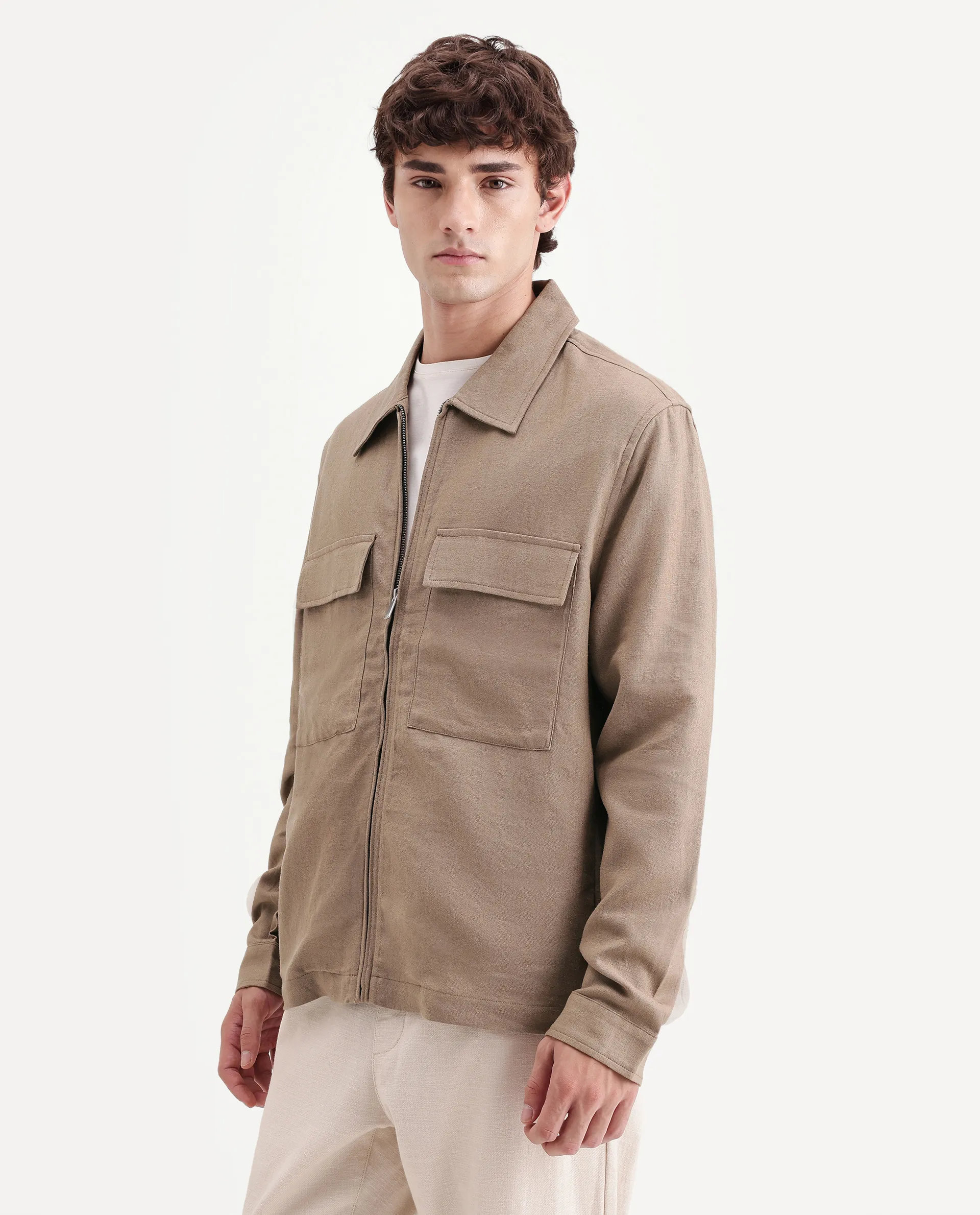 Rare Rabbit Men's Jomo-T-26 Khaki Linen Blend Spread Collar Zipper Regular Plain Shacket - Image 5