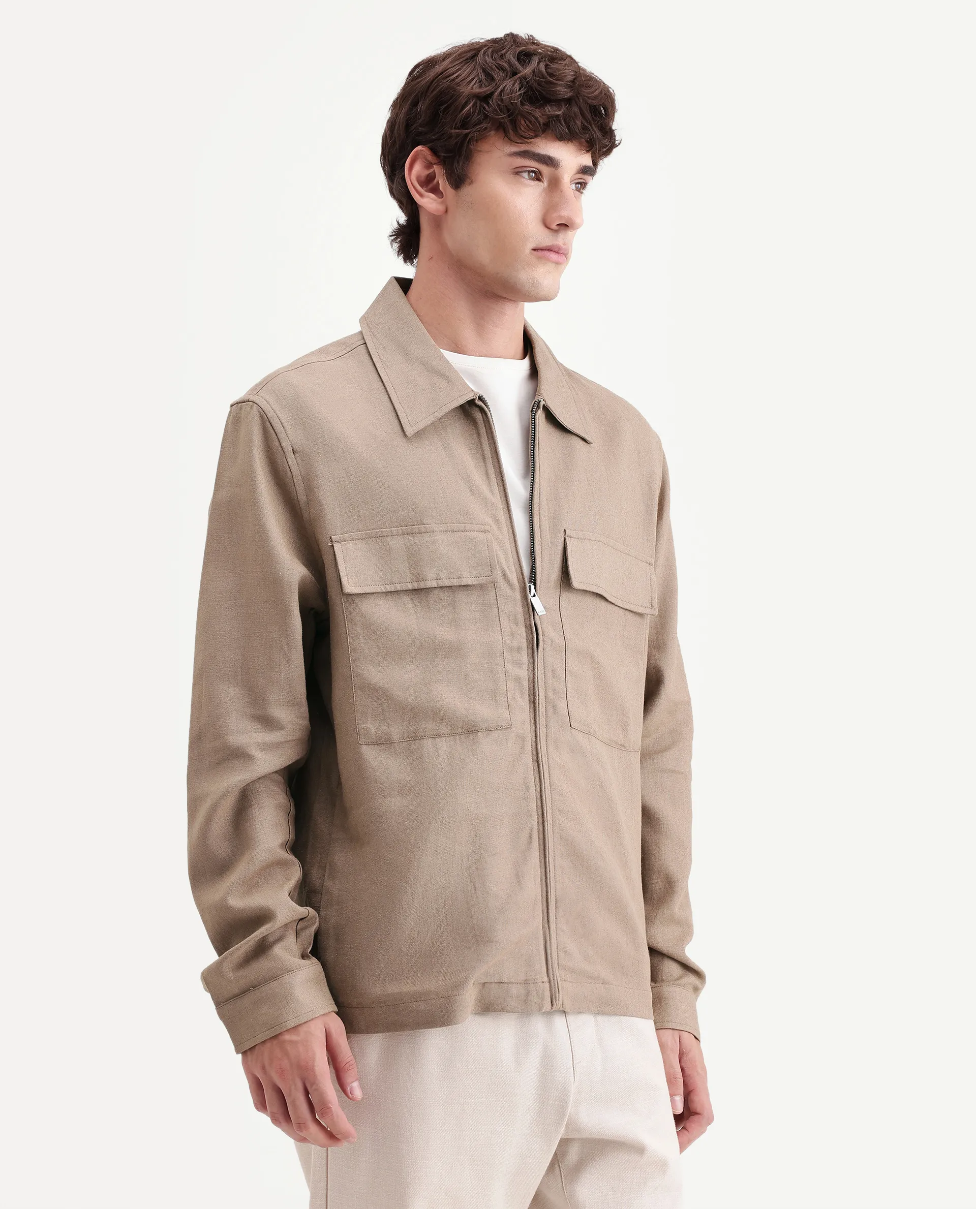 Rare Rabbit Men's Jomo-T-26 Khaki Linen Blend Spread Collar Zipper Regular Plain Shacket - Image 6