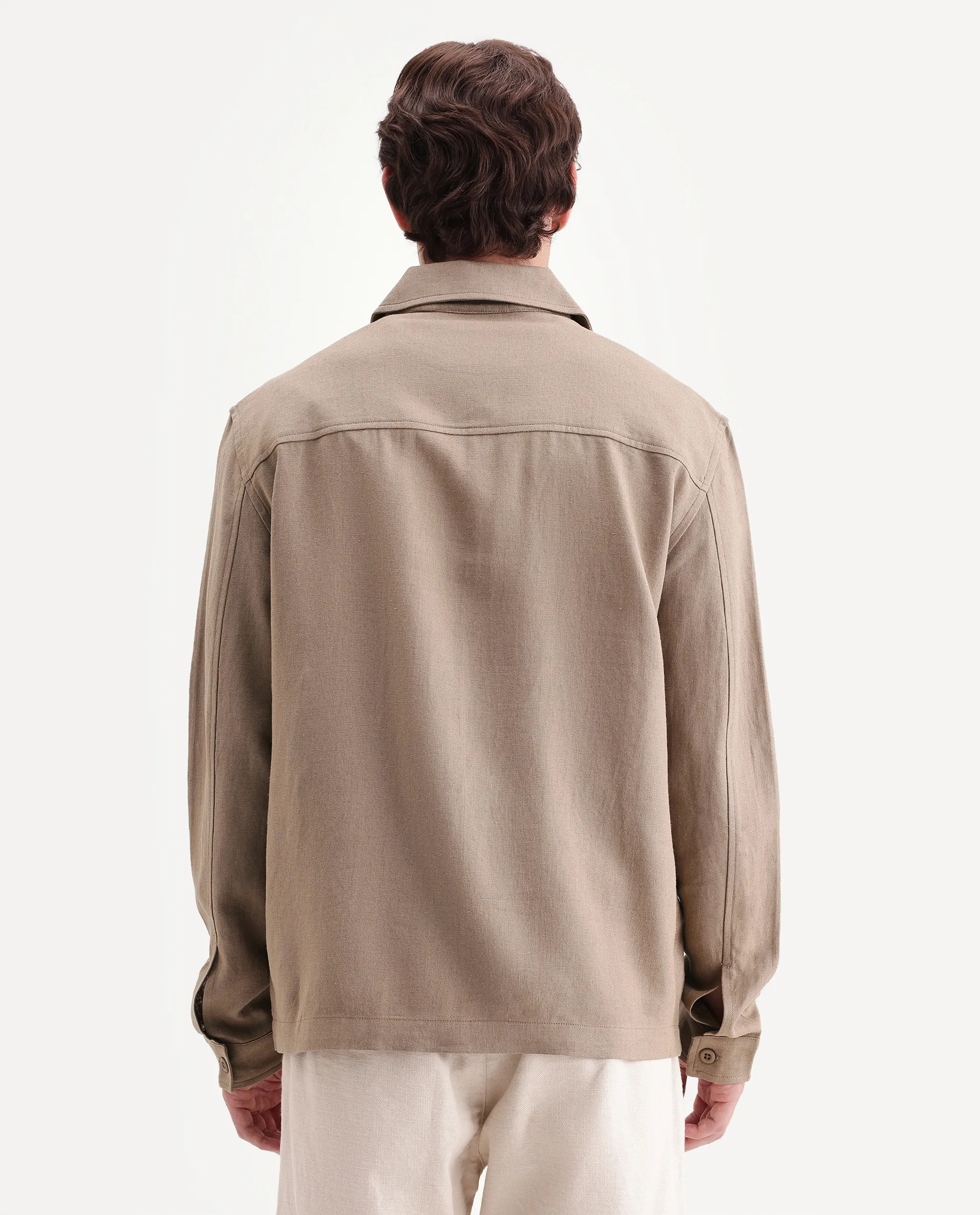 Rare Rabbit Men's Jomo-T-26 Khaki Linen Blend Spread Collar Zipper Regular Plain Shacket - Image 7