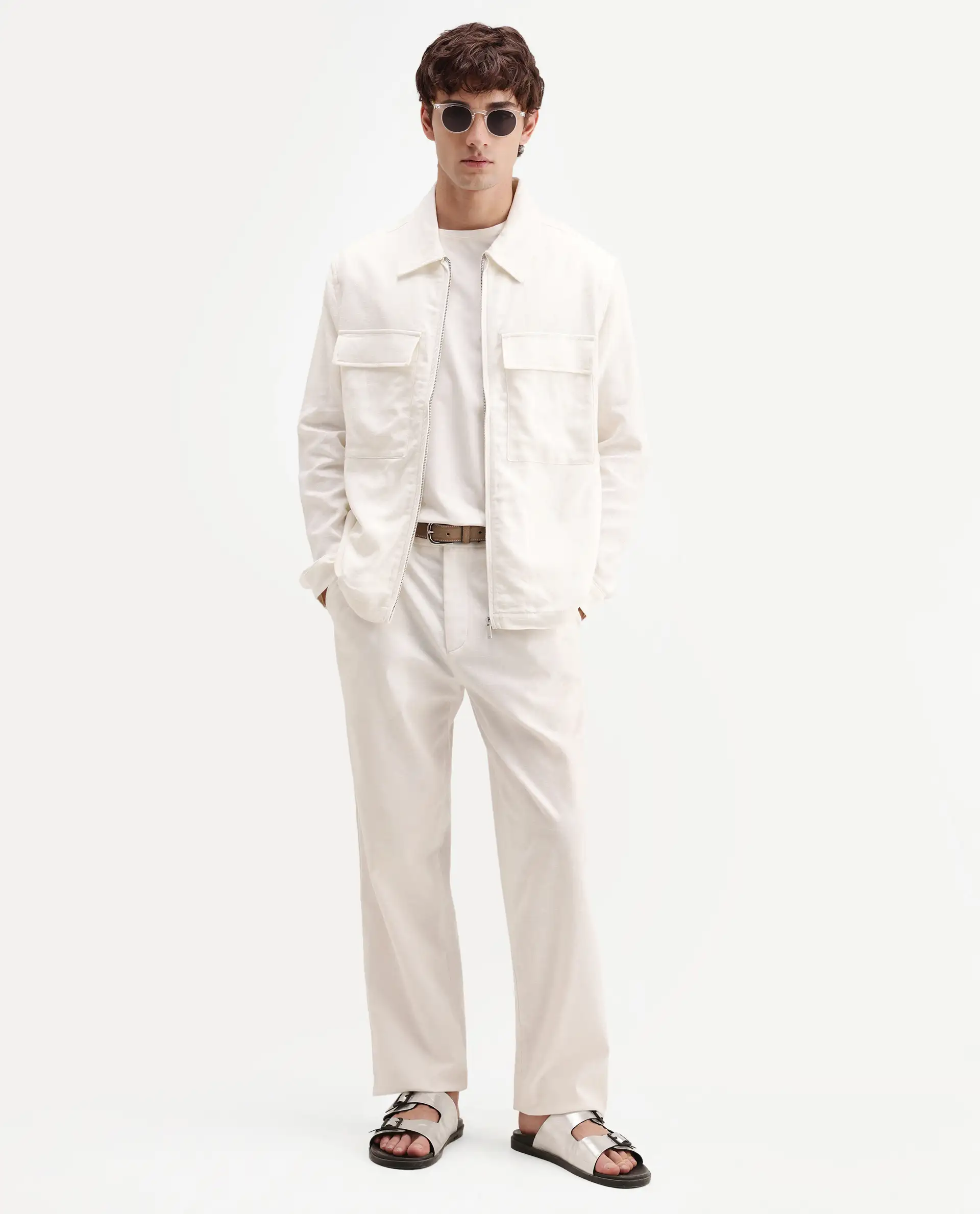 Rare Rabbit Men's Jomo-T-26 Off White Linen Blend Spread Collar Zipper Regular Plain Shacket - Image 2