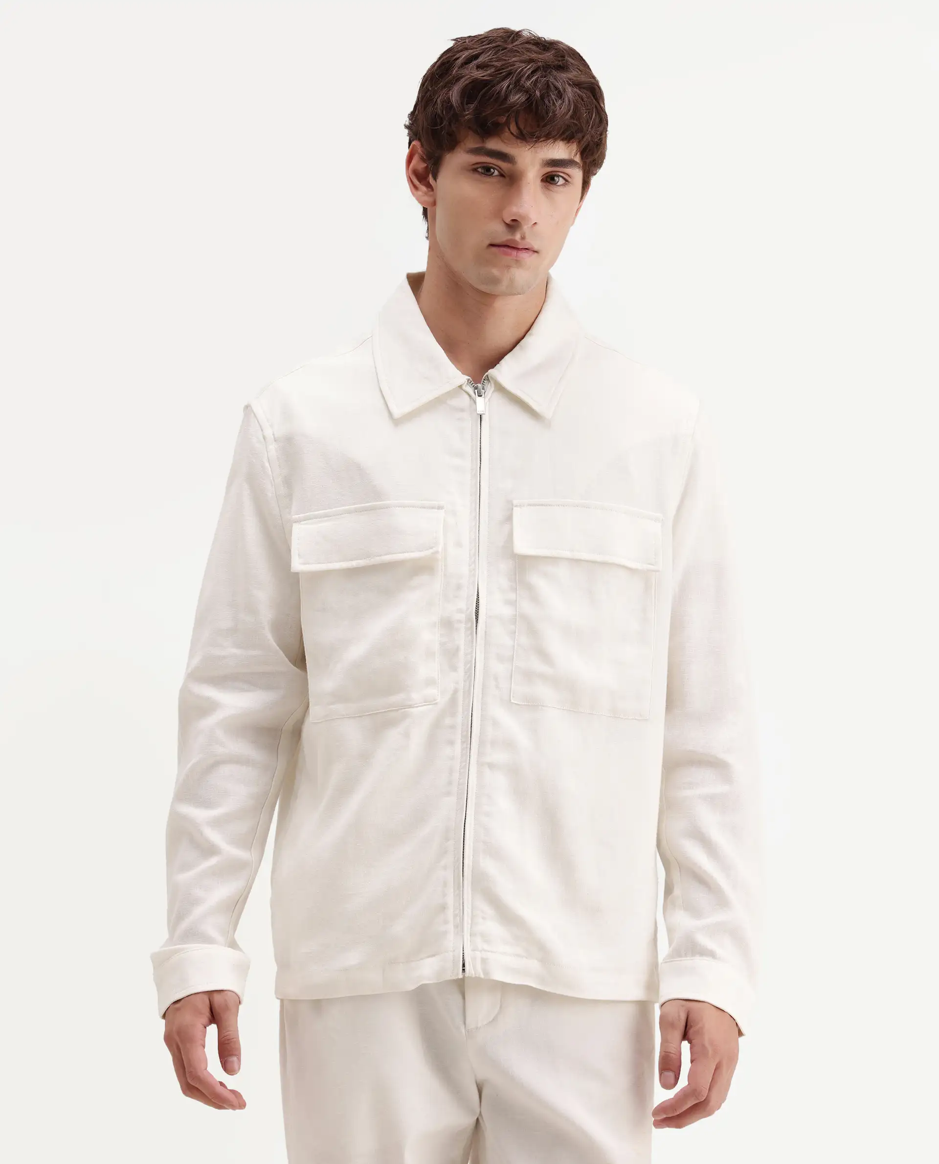 Rare Rabbit Men's Jomo-T-26 Off White Linen Blend Spread Collar Zipper Regular Plain Shacket - Image 4
