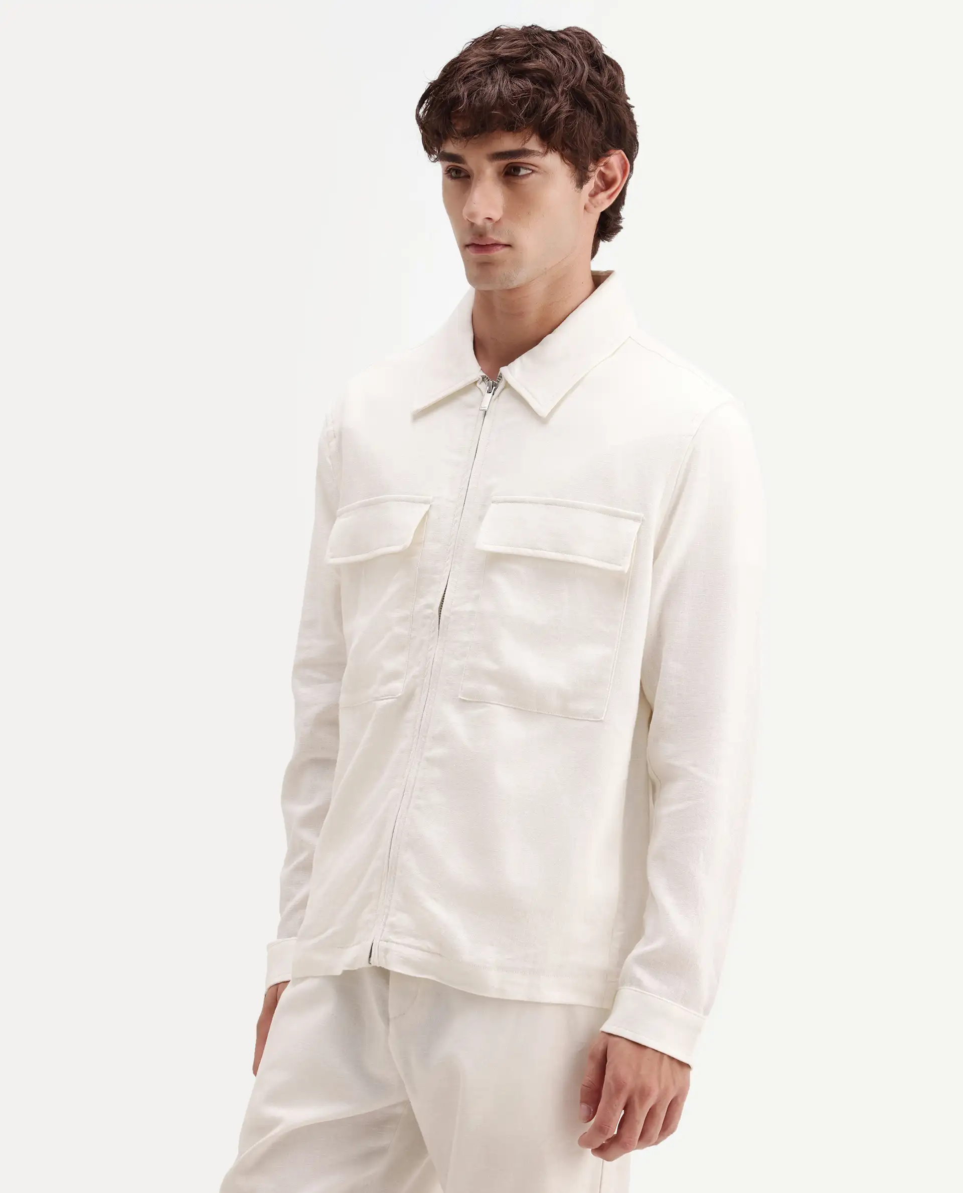 Rare Rabbit Men's Jomo-T-26 Off White Linen Blend Spread Collar Zipper Regular Plain Shacket - Image 6