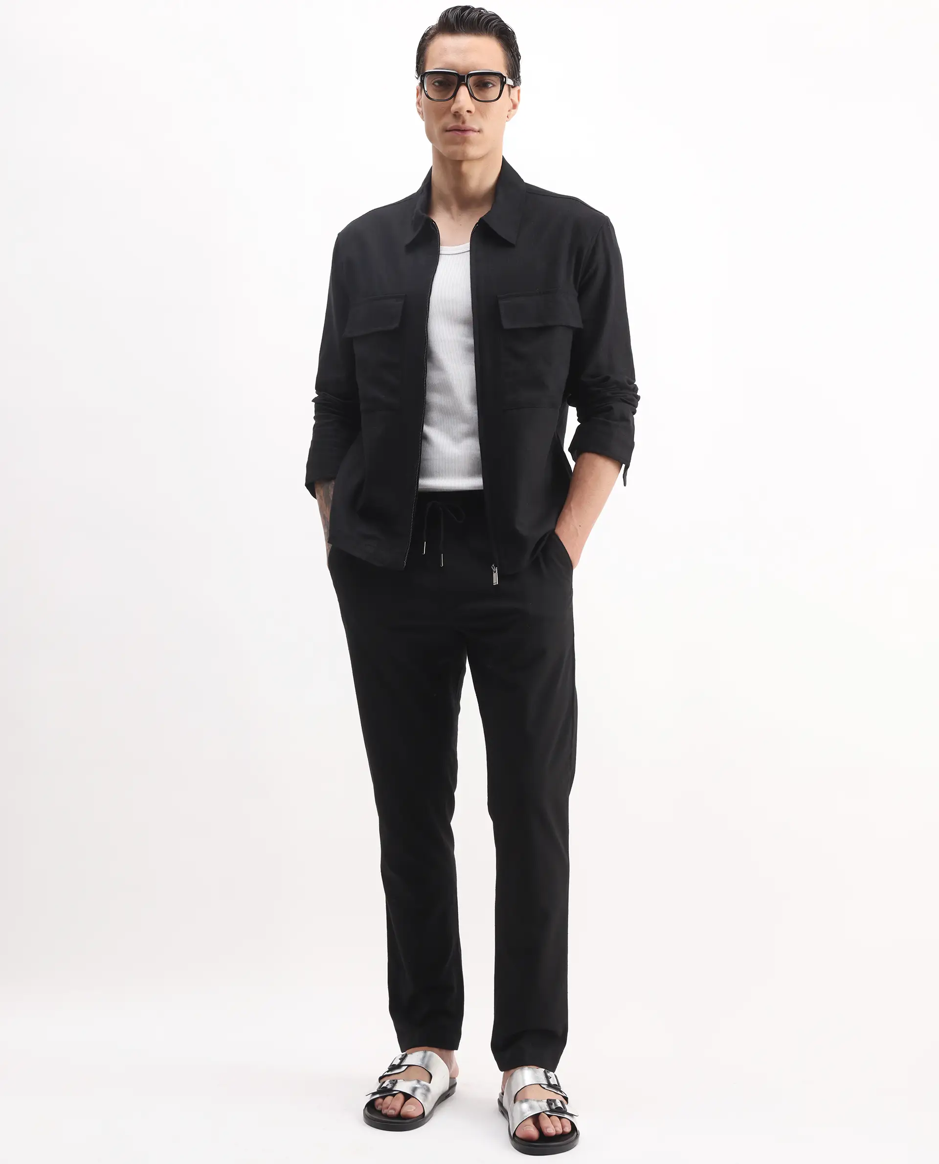 Rare Rabbit Men's Jomo-T Black Linen Blend Plain Relaxed Fit Full Sleeve Collared Shaket - Image 2