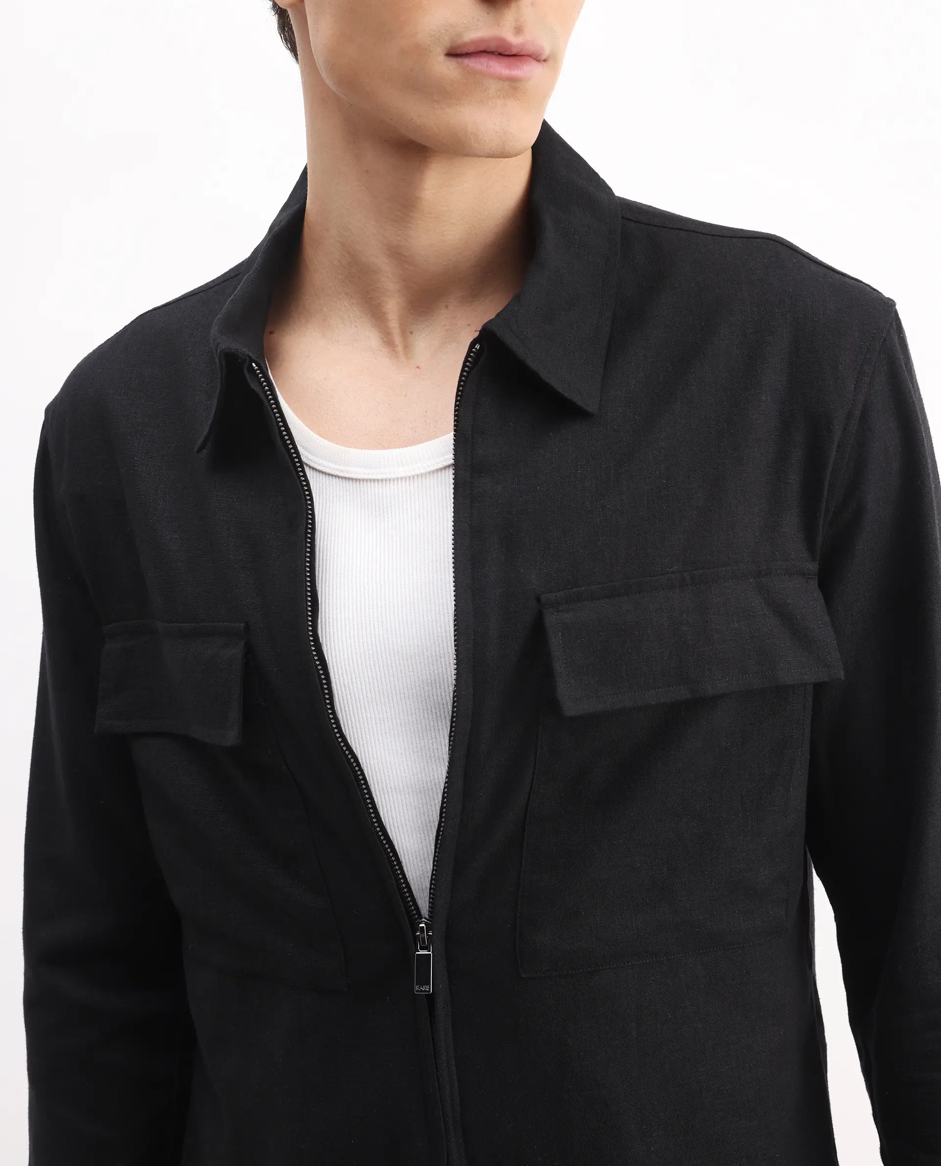 Rare Rabbit Men's Jomo-T Black Linen Blend Plain Relaxed Fit Full Sleeve Collared Shaket - Image 3