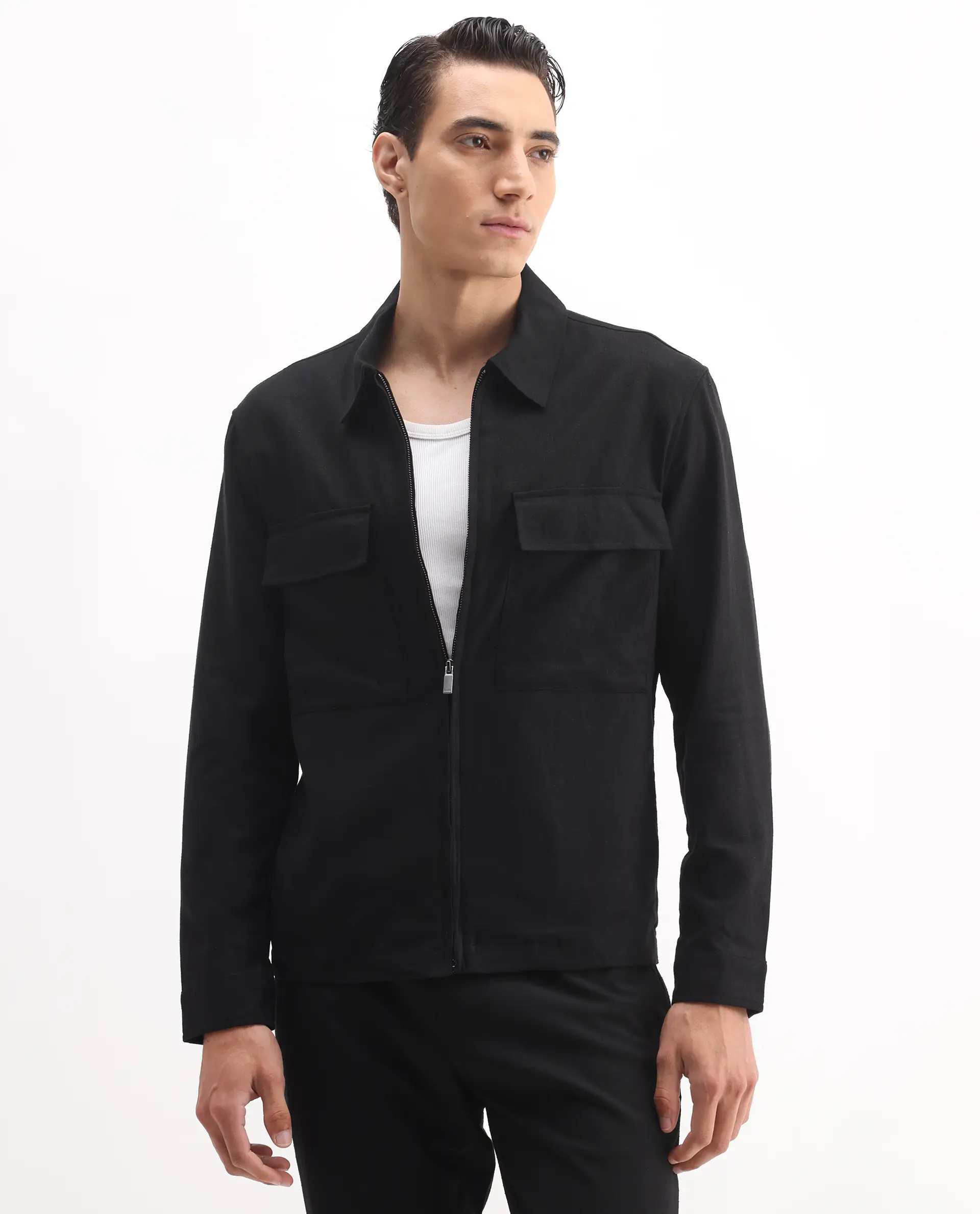 Rare Rabbit Men's Jomo-T Black Linen Blend Plain Relaxed Fit Full Sleeve Collared Shaket - Image 4