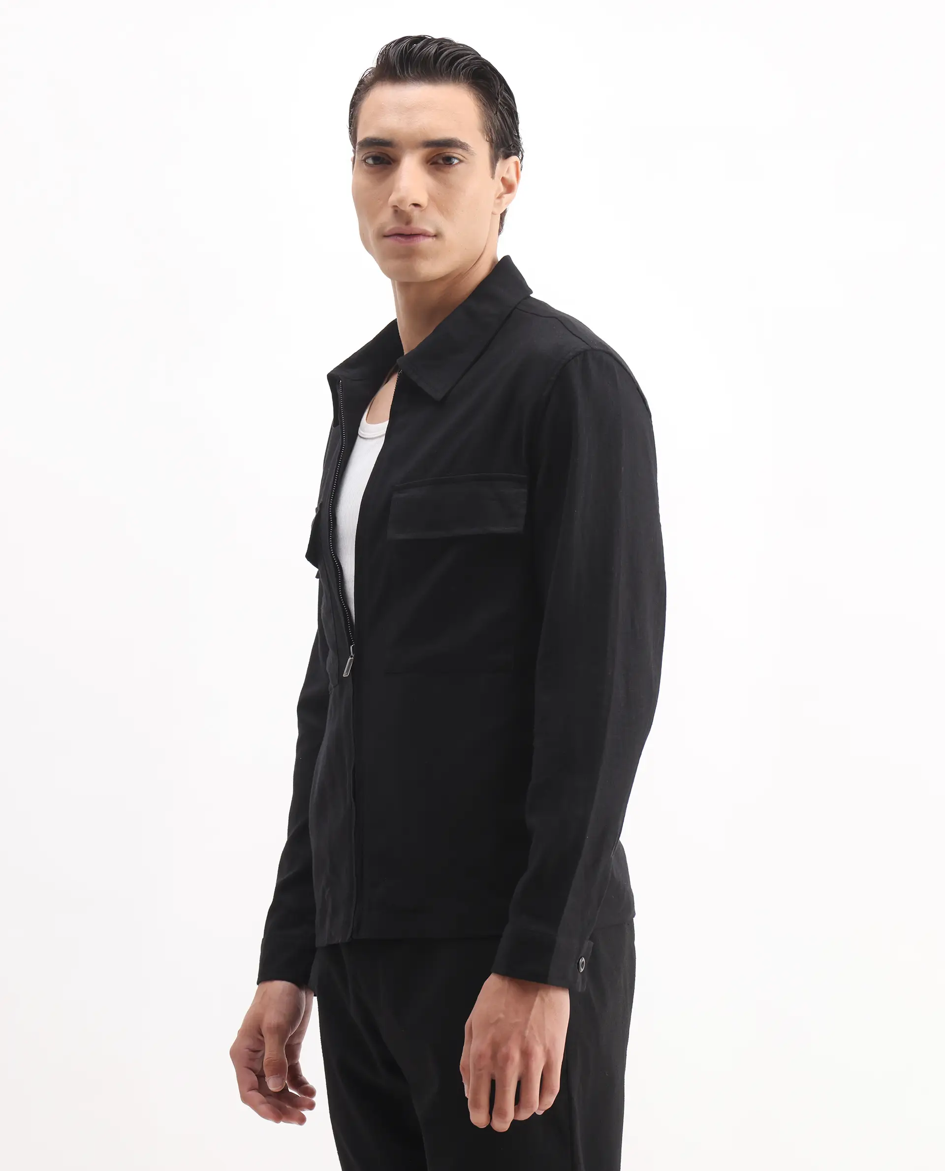 Rare Rabbit Men's Jomo-T Black Linen Blend Plain Relaxed Fit Full Sleeve Collared Shaket - Image 5