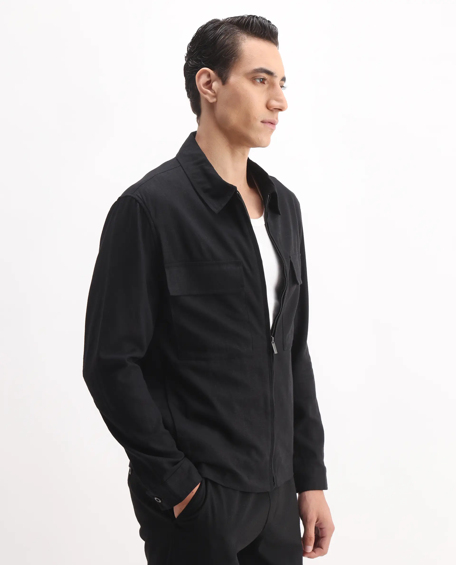Rare Rabbit Men's Jomo-T Black Linen Blend Plain Relaxed Fit Full Sleeve Collared Shaket - Image 6