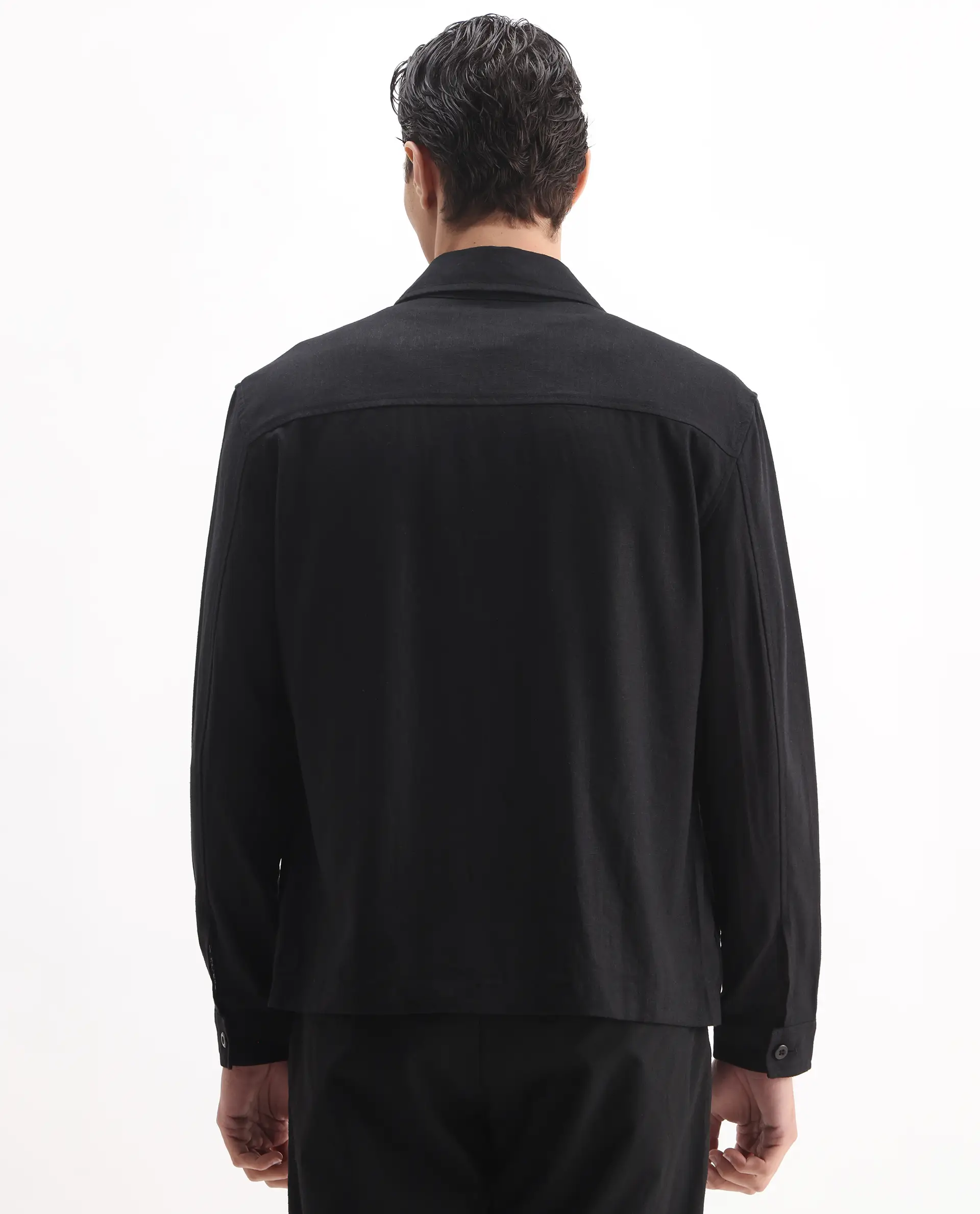 Rare Rabbit Men's Jomo-T Black Linen Blend Plain Relaxed Fit Full Sleeve Collared Shaket - Image 7