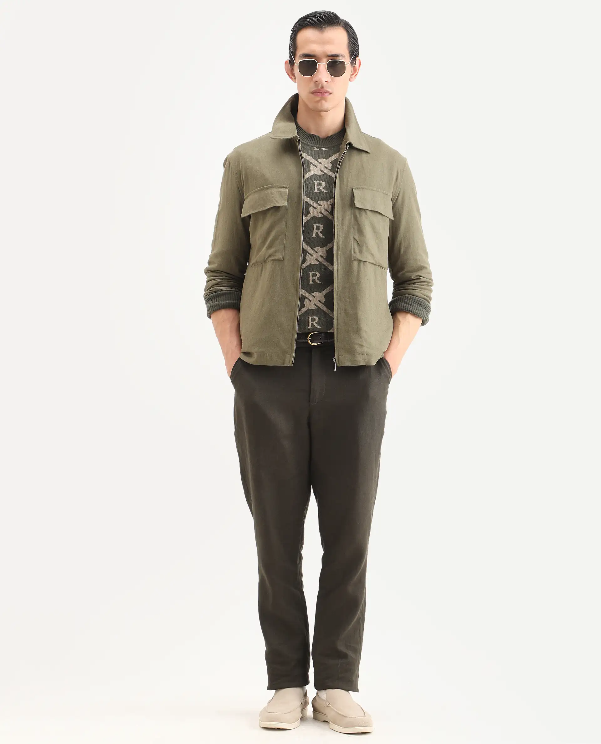 Rare Rabbit Men's Jomo-T Olive Linen Blend Plain Relaxed Fit Full Sleeve Collared Shaket - Image 2