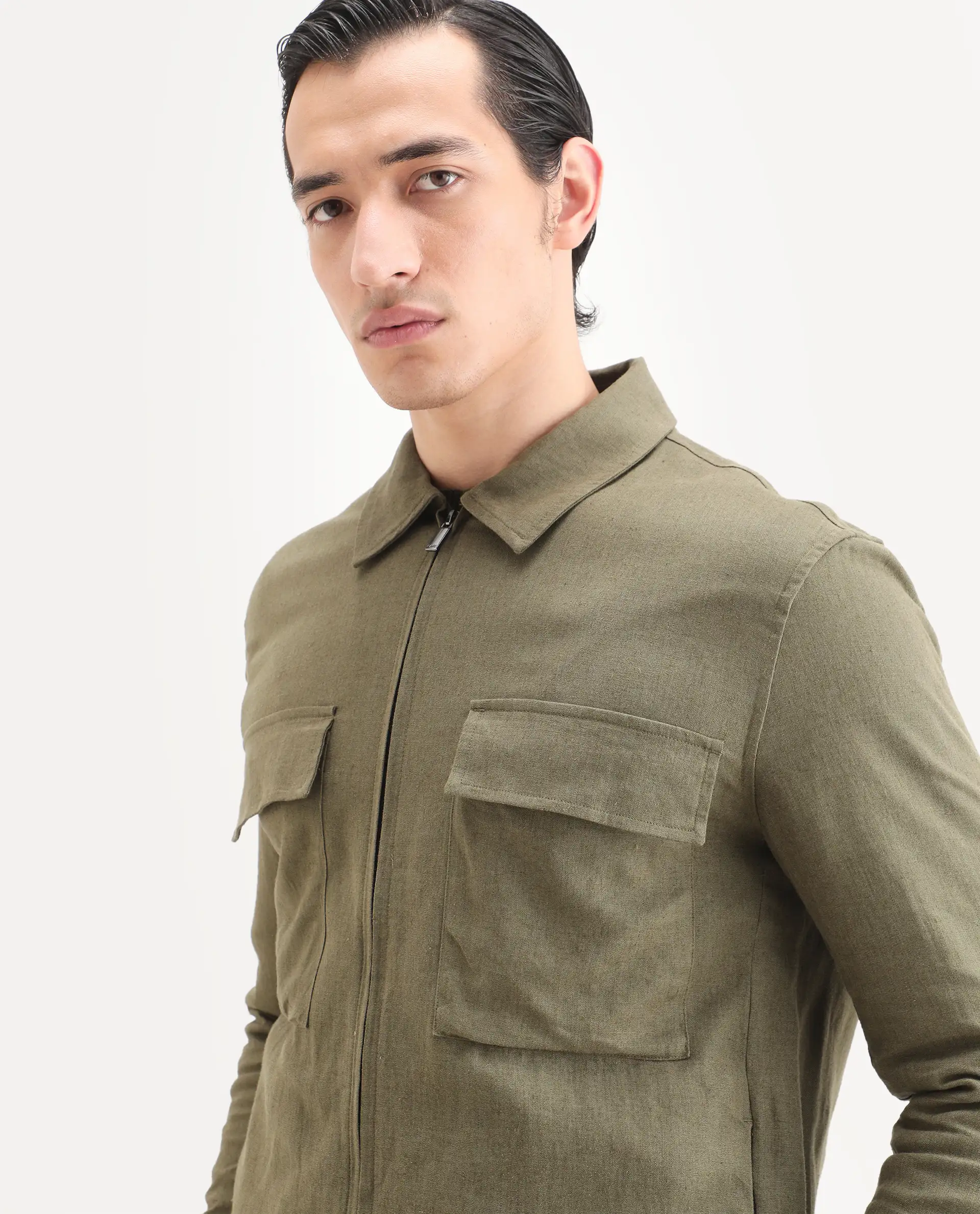 Rare Rabbit Men's Jomo-T Olive Linen Blend Plain Relaxed Fit Full Sleeve Collared Shaket - Image 3