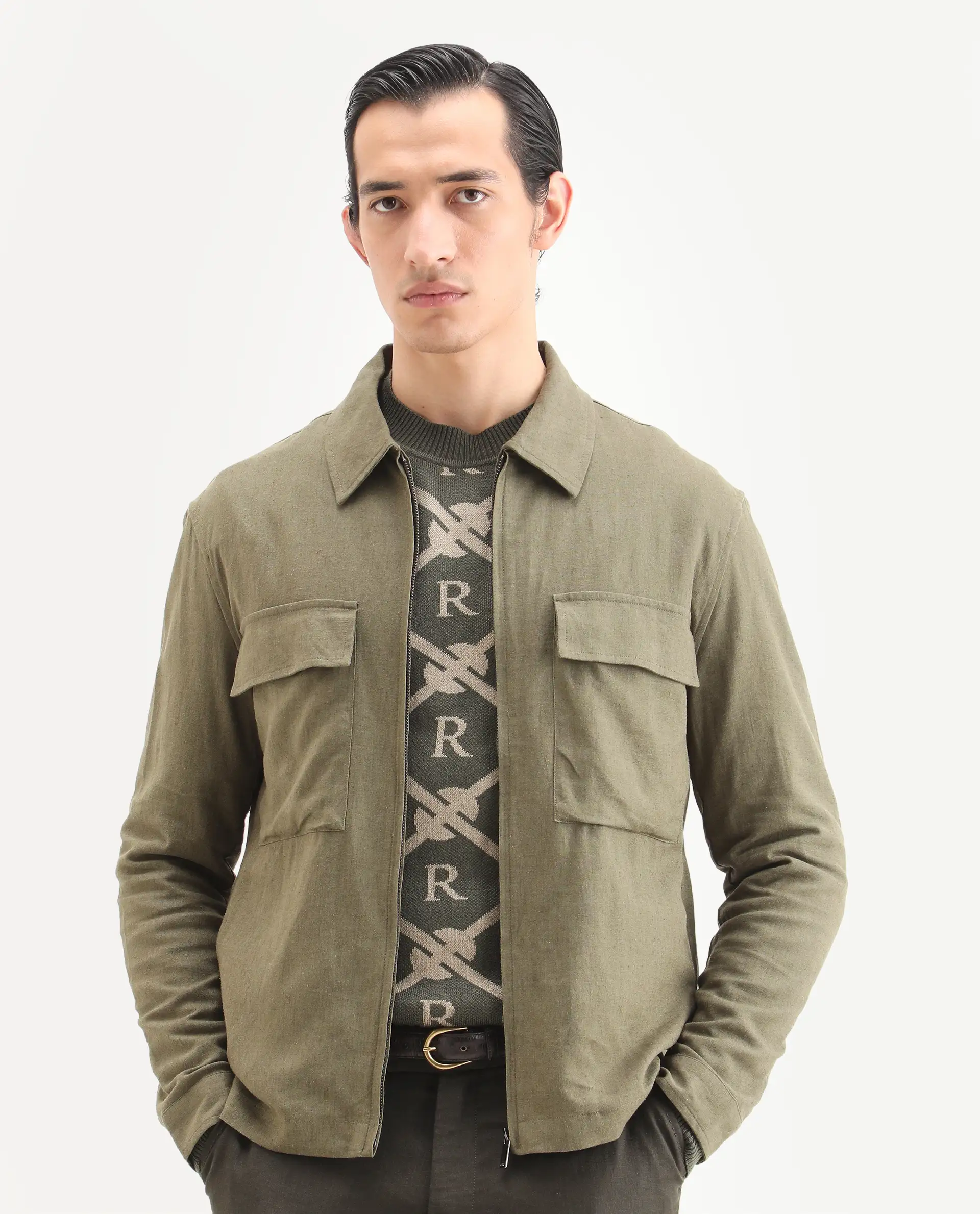 Rare Rabbit Men's Jomo-T Olive Linen Blend Plain Relaxed Fit Full Sleeve Collared Shaket - Image 4