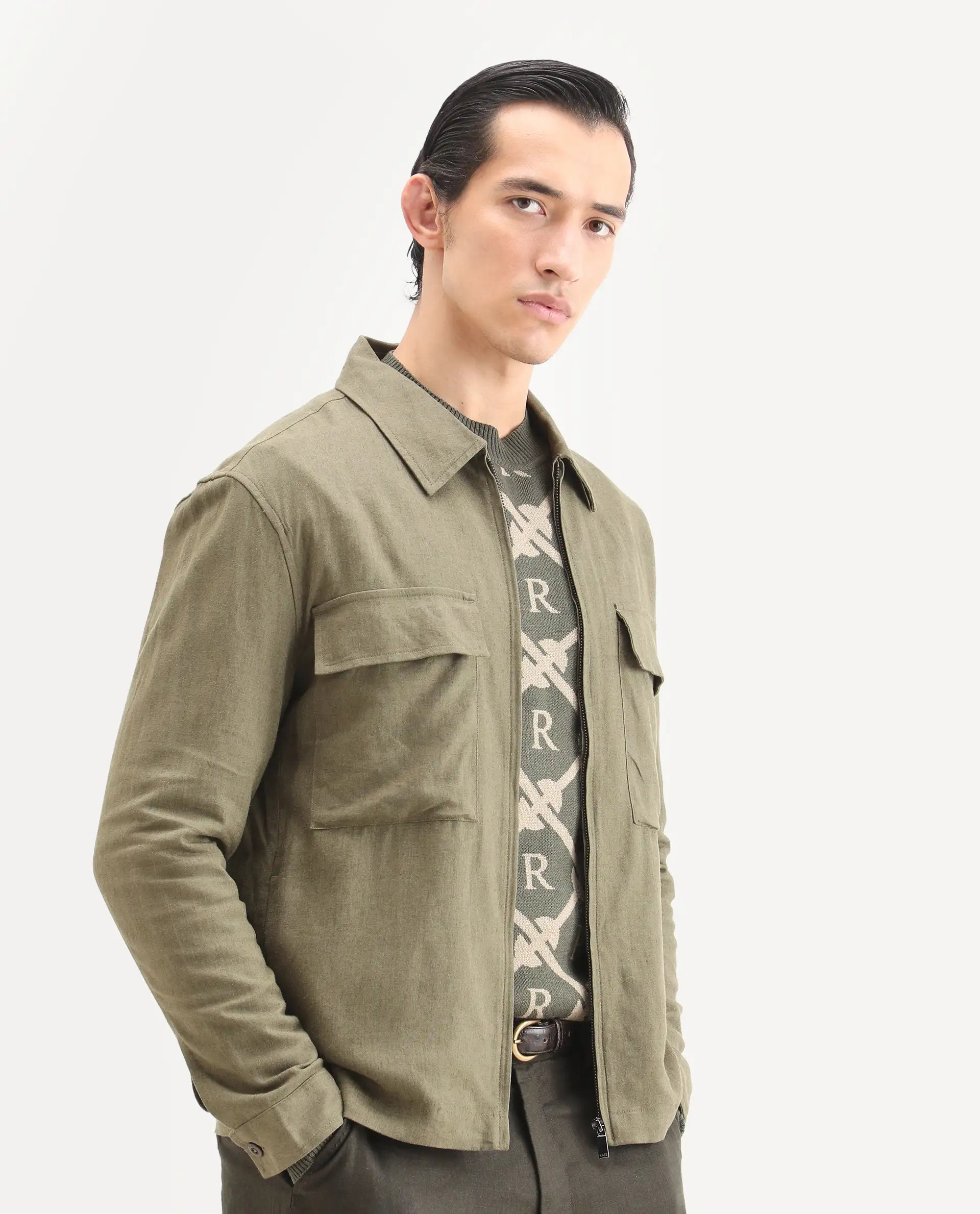 Rare Rabbit Men's Jomo-T Olive Linen Blend Plain Relaxed Fit Full Sleeve Collared Shaket - Image 5