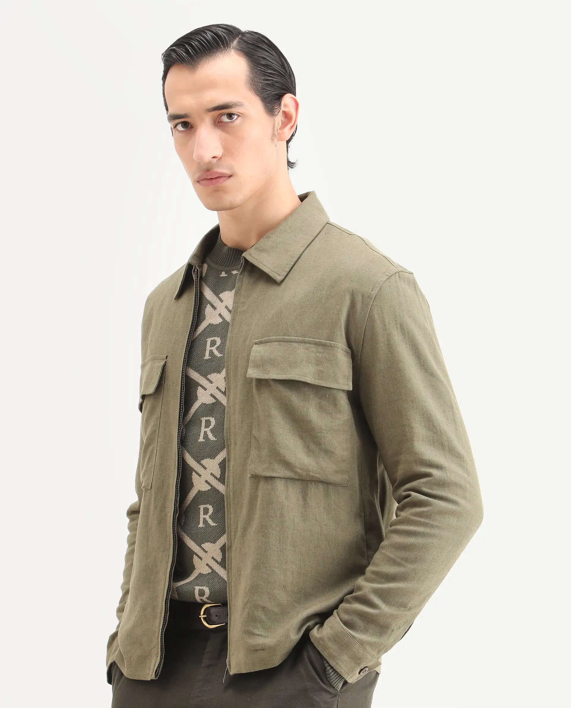 Rare Rabbit Men's Jomo-T Olive Linen Blend Plain Relaxed Fit Full Sleeve Collared Shaket - Image 6
