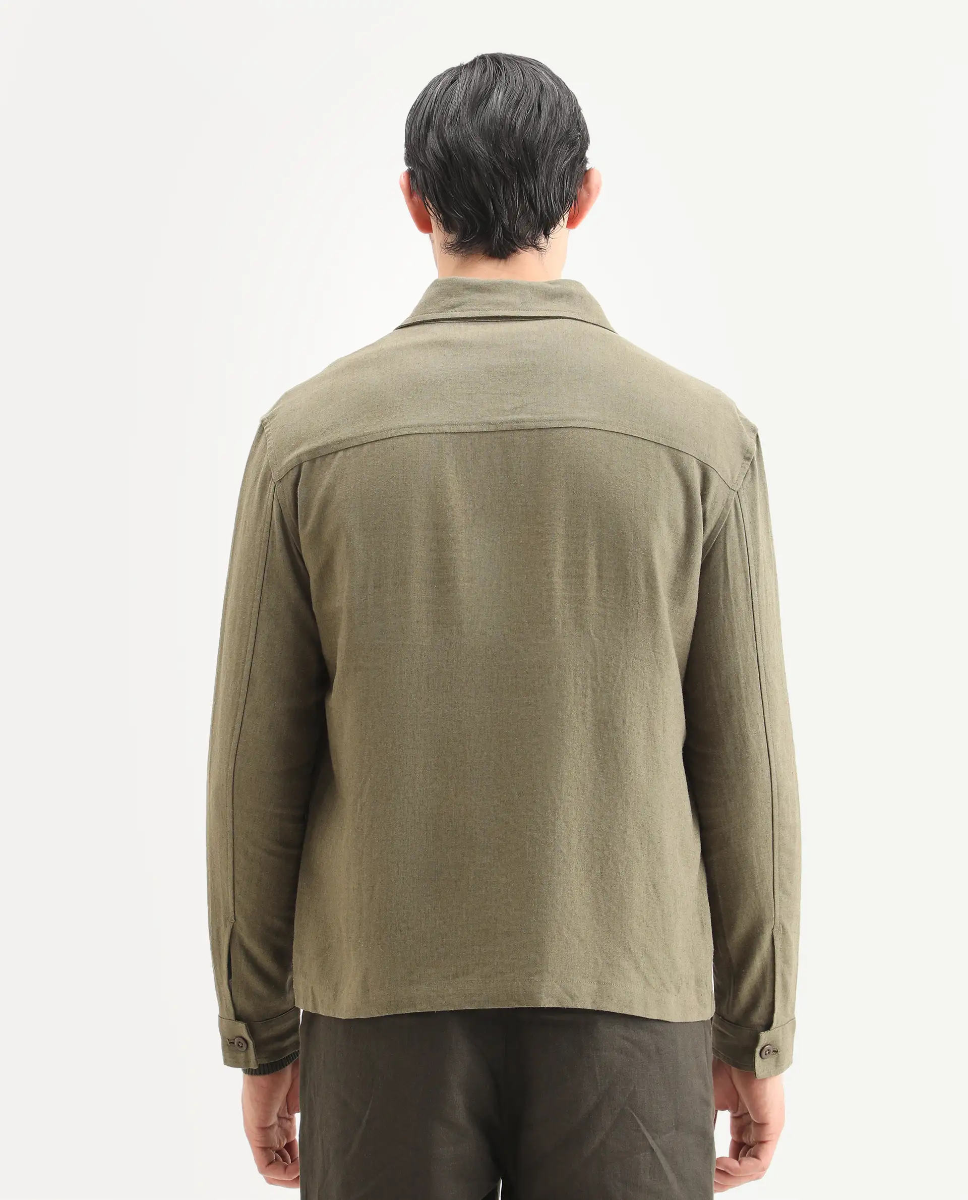 Rare Rabbit Men's Jomo-T Olive Linen Blend Plain Relaxed Fit Full Sleeve Collared Shaket - Image 7