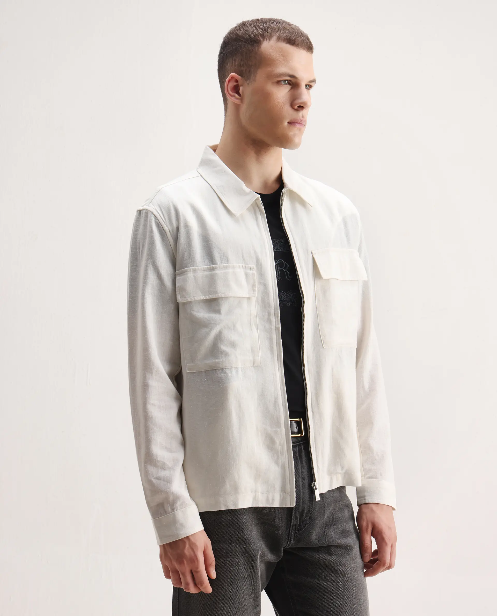 Rare Rabbit Men's Jomo-T White Linen Blend Plain Relaxed Fit Full Sleeve Collared Shaket - Image 4