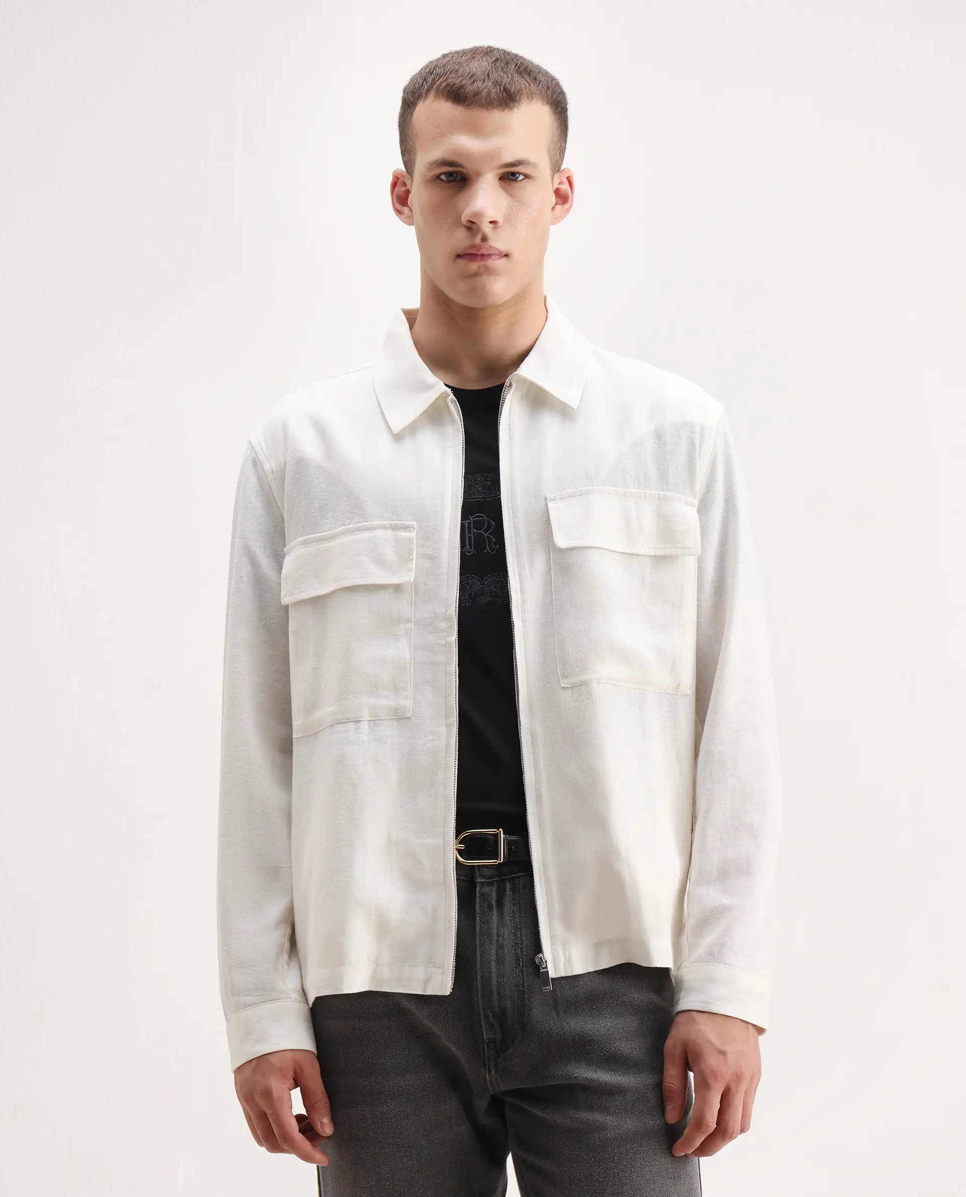 Rare Rabbit Men's Jomo-T White Linen Blend Plain Relaxed Fit Full Sleeve Collared Shaket - Image 5