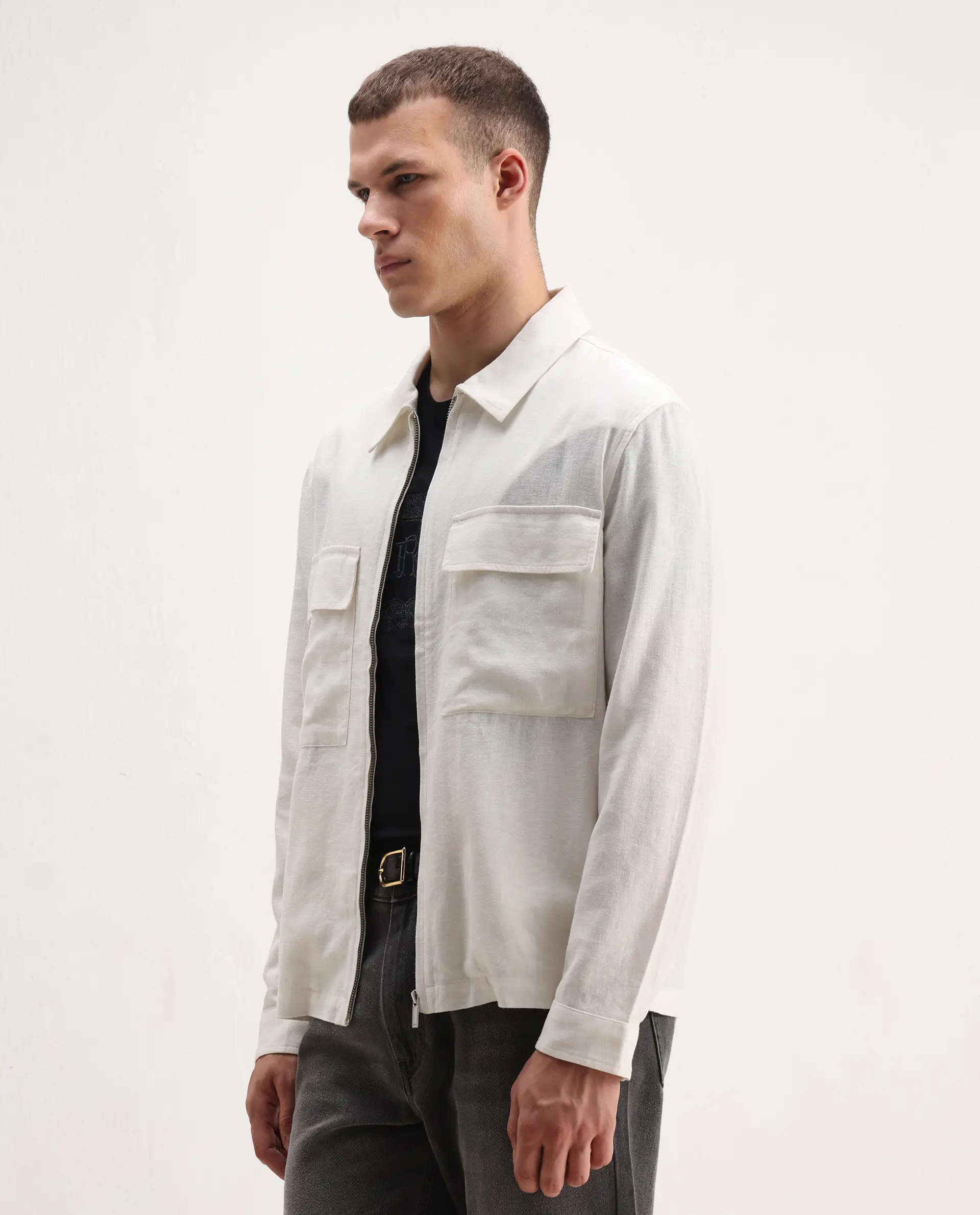 Rare Rabbit Men's Jomo-T White Linen Blend Plain Relaxed Fit Full Sleeve Collared Shaket - Image 6