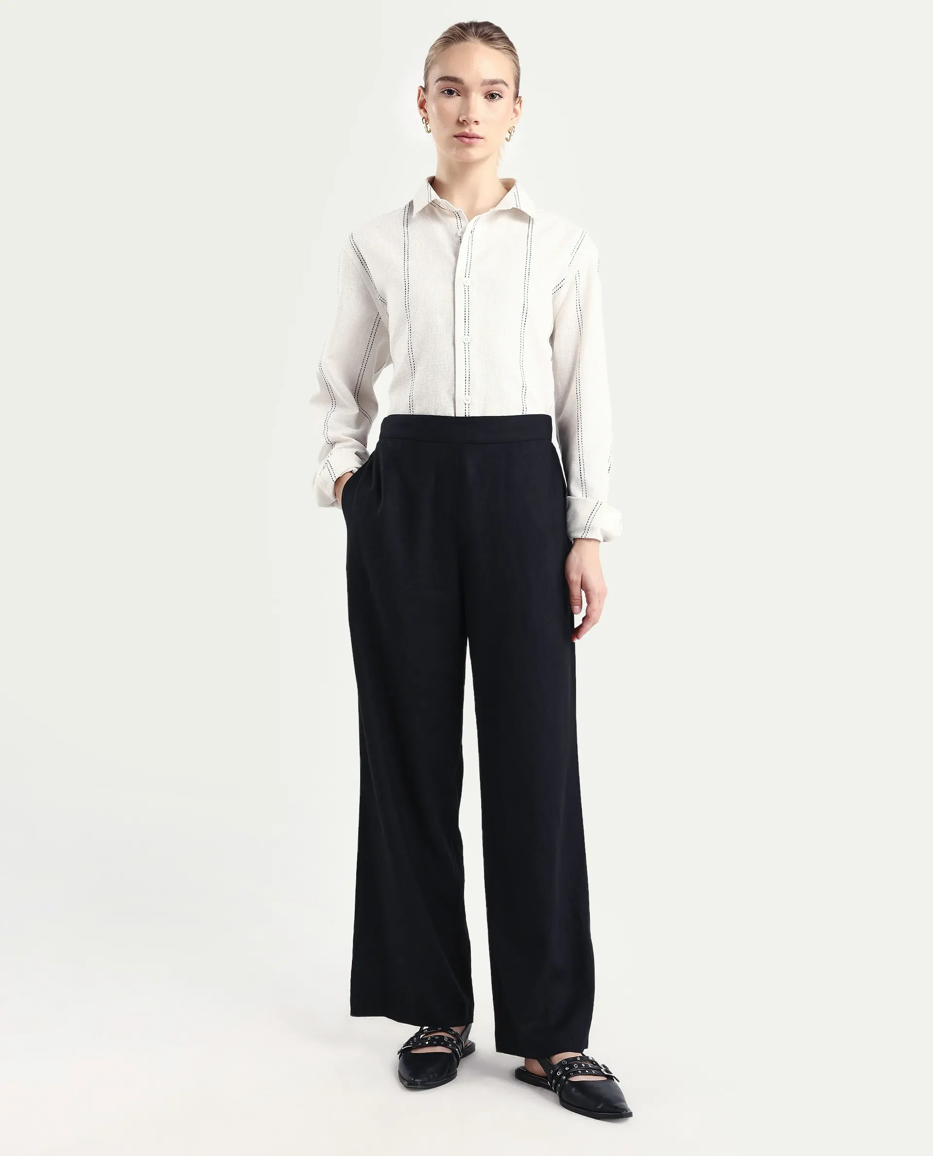 Rareism Women's Jomow-B Black Linen Blend Regular Fit Trouser - Image 2
