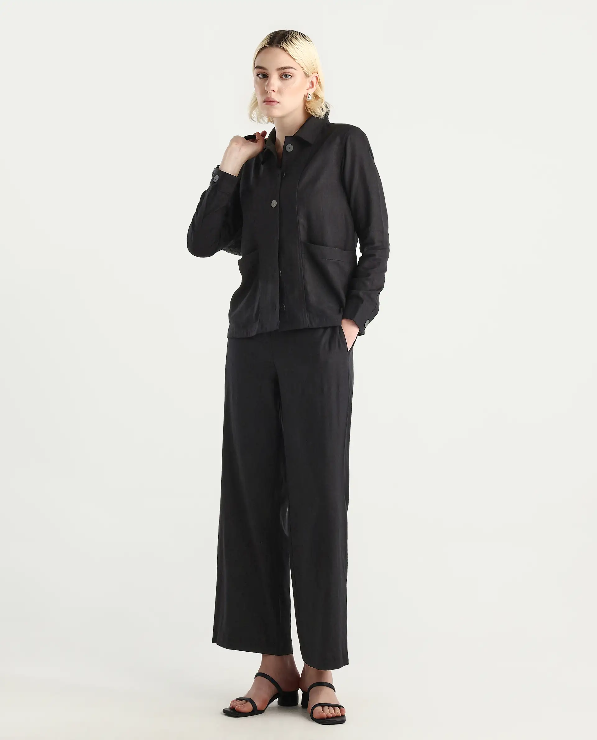 Rareism Women's Jomow-T Black Linen Blend Collared Neck Regular Fit Shacket - Image 2