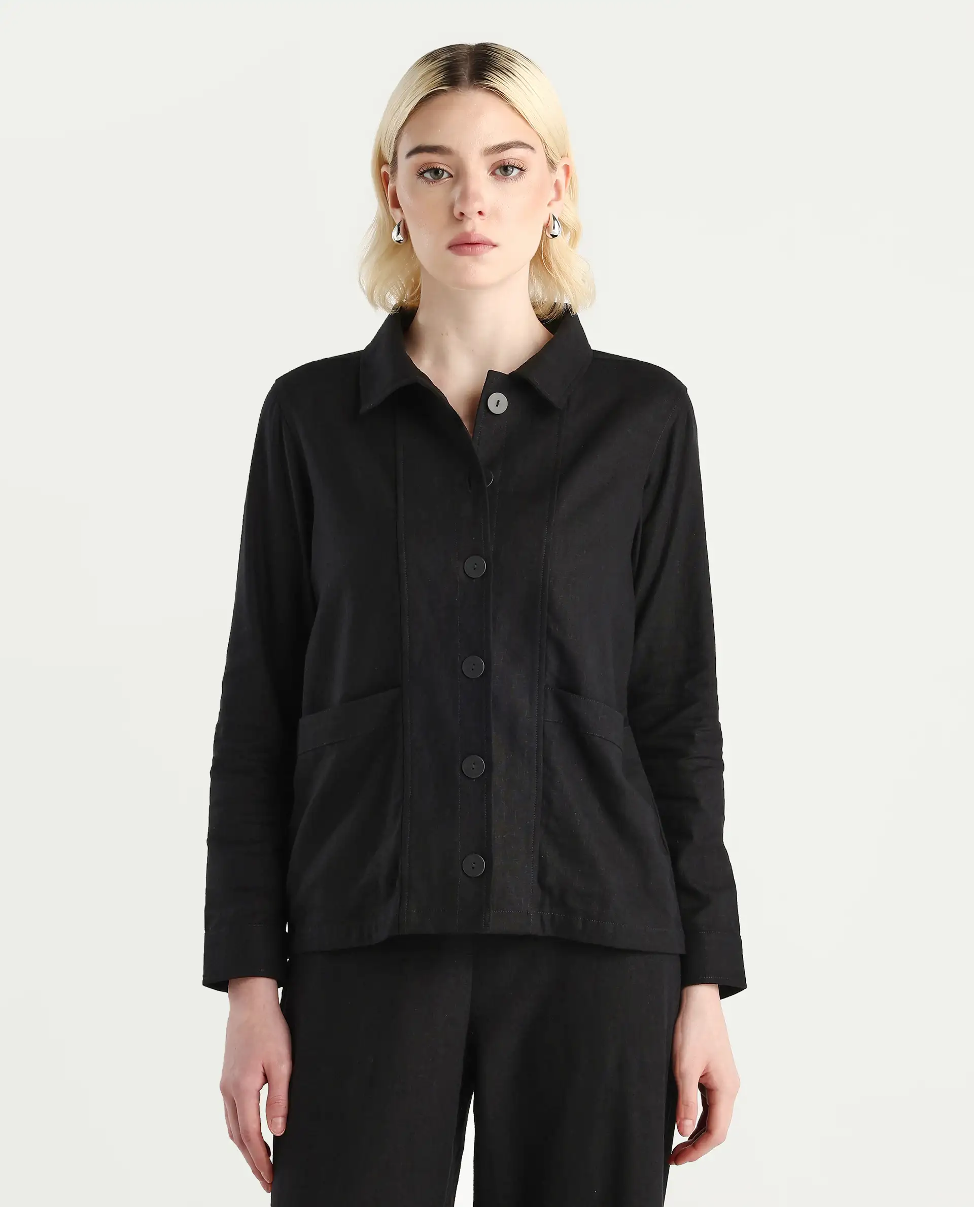 Rareism Women's Jomow-T Black Linen Blend Collared Neck Regular Fit Shacket - Image 3
