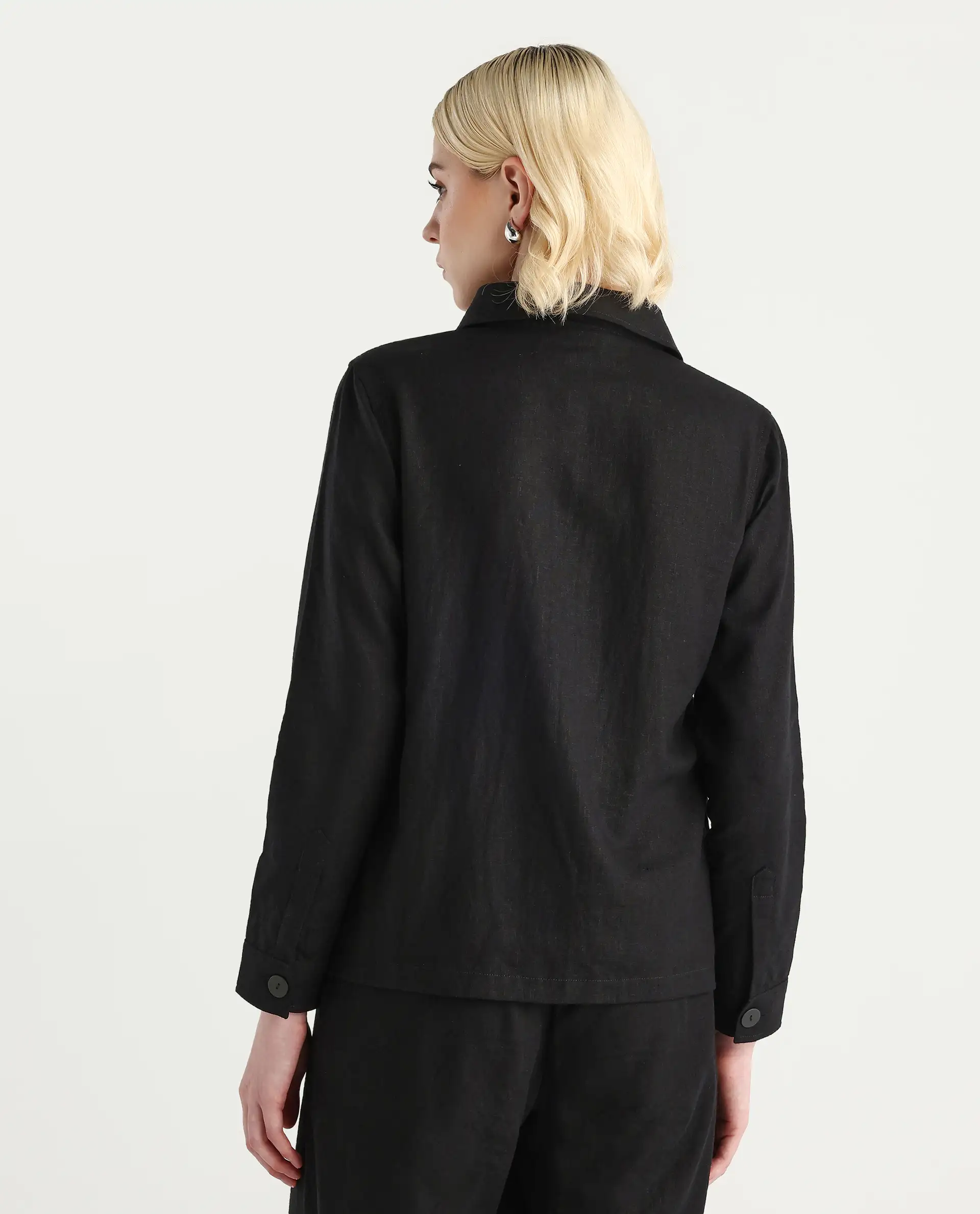 Rareism Women's Jomow-T Black Linen Blend Collared Neck Regular Fit Shacket - Image 7