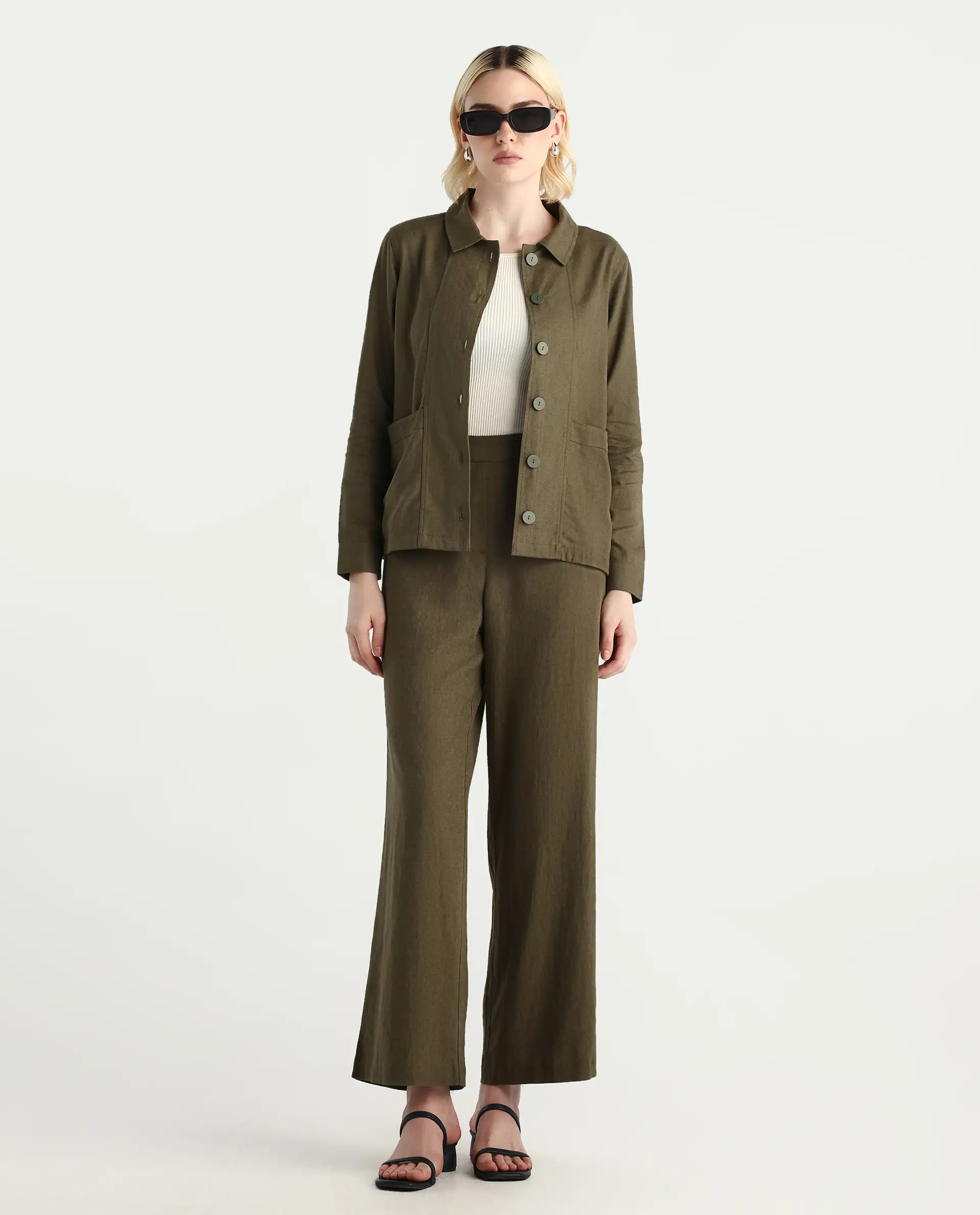 Rareism Women's Jomow-T Olive Linen Blend Collared Neck Regular Plain Shacket - Image 2