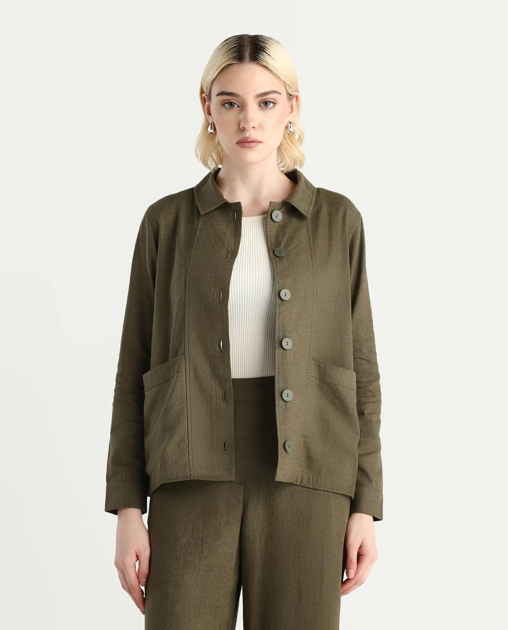 Rareism Women's Jomow-T Olive Linen Blend Collared Neck Regular Plain Shacket - Image 3