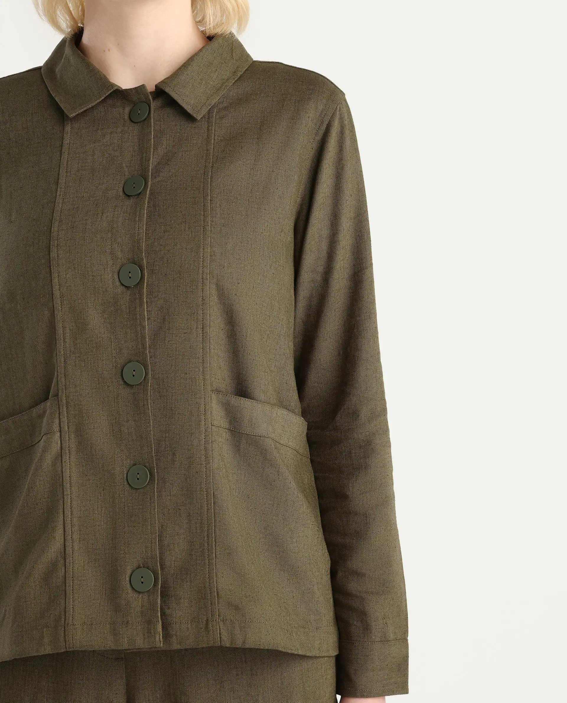 Rareism Women's Jomow-T Olive Linen Blend Collared Neck Regular Plain Shacket - Image 4