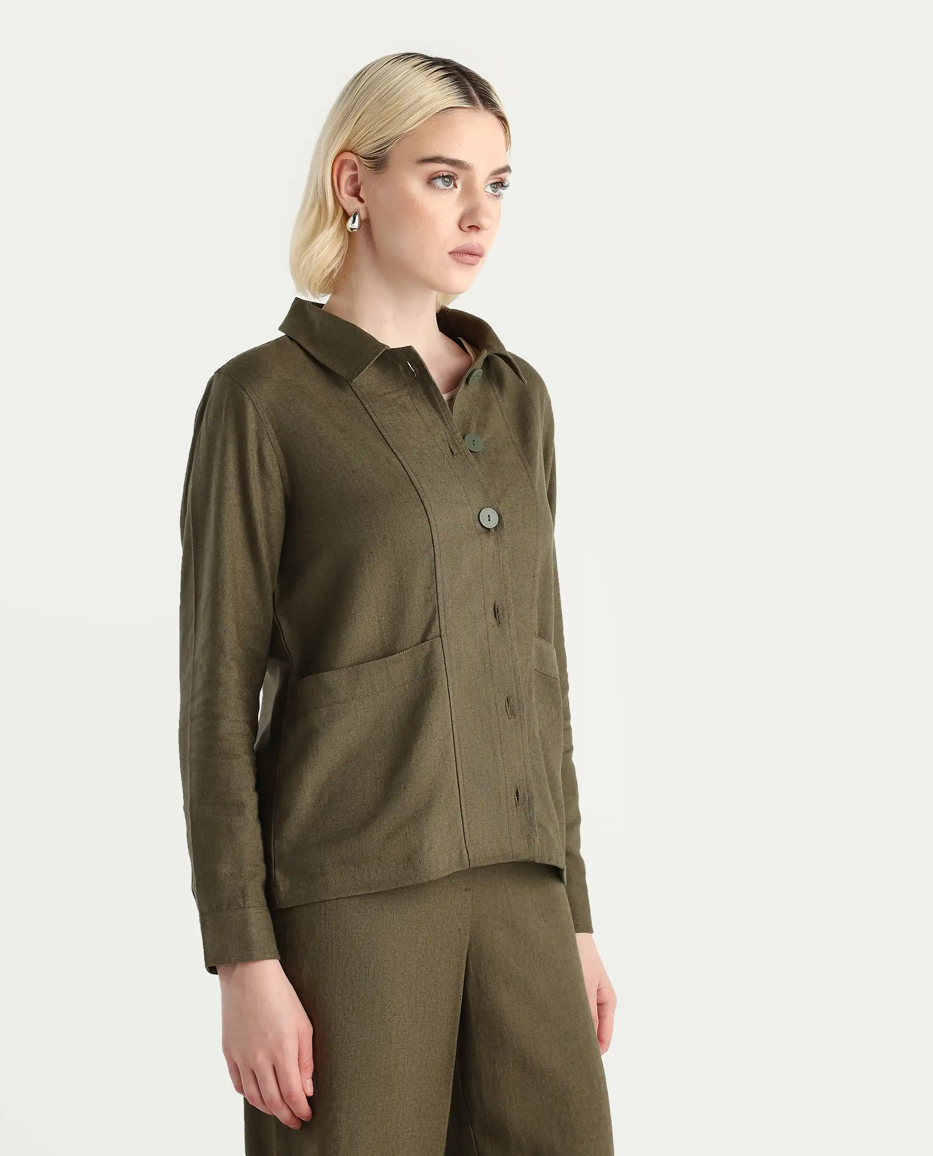 Rareism Women's Jomow-T Olive Linen Blend Collared Neck Regular Plain Shacket - Image 5
