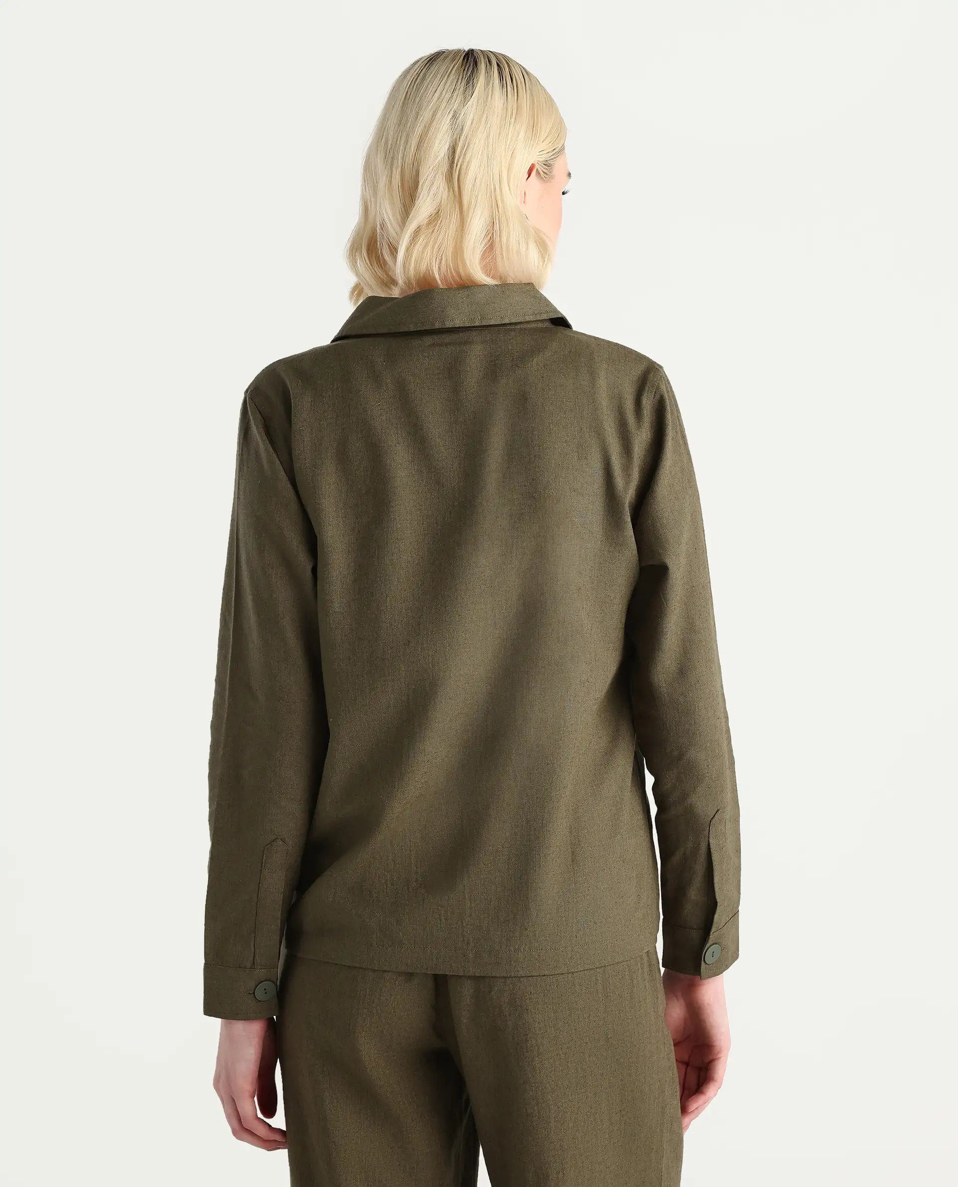Rareism Women's Jomow-T Olive Linen Blend Collared Neck Regular Plain Shacket - Image 7