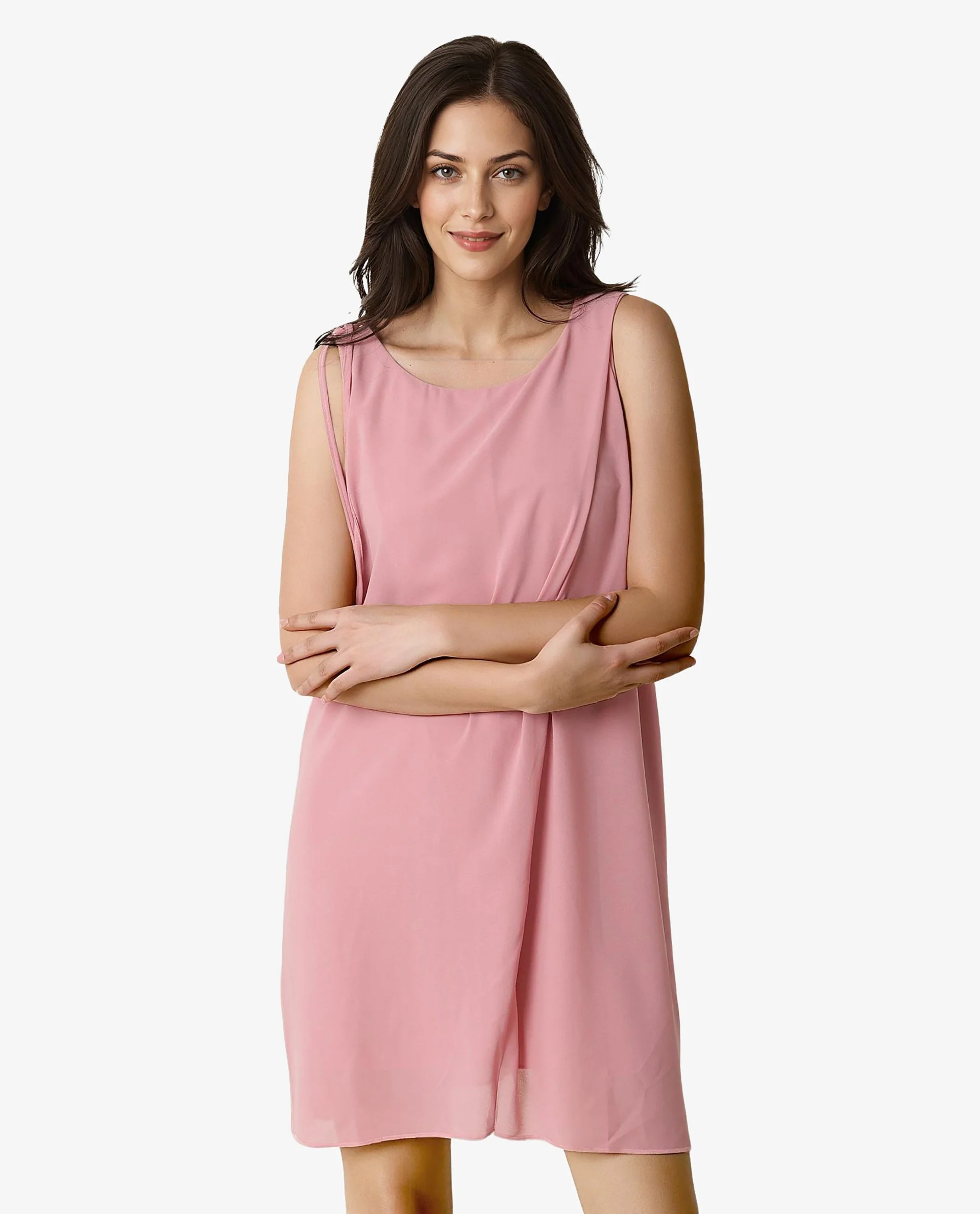 Rareism Women's Jonas Pink Boat Neck Plain Sleeveless Knee Length Regular Fit Dress - Image 3