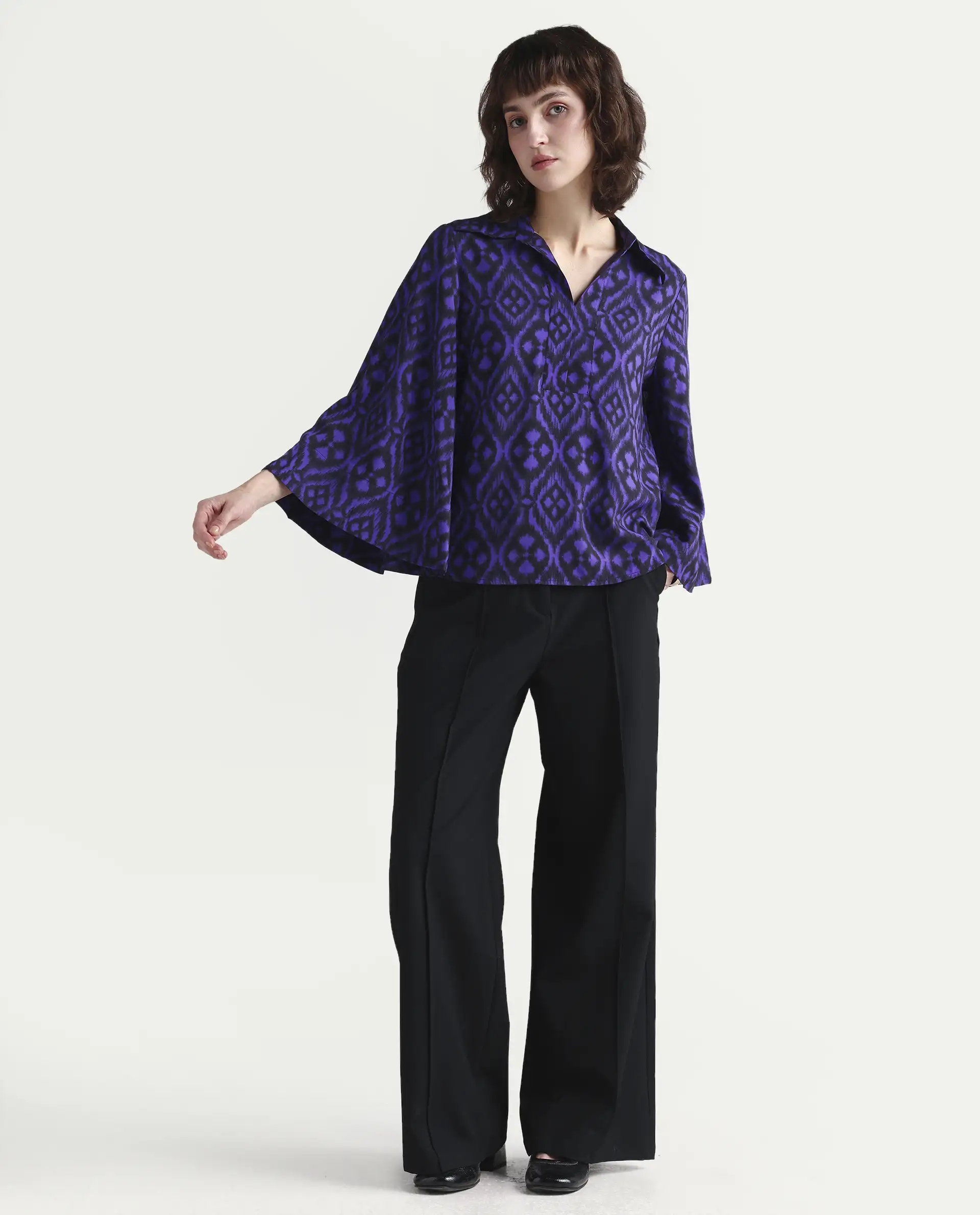 Rareism Women's Jones Dark Navy Viscose Spread Collar Geometric Print Flared Sleeve Relaxed Fit Top - Image 2