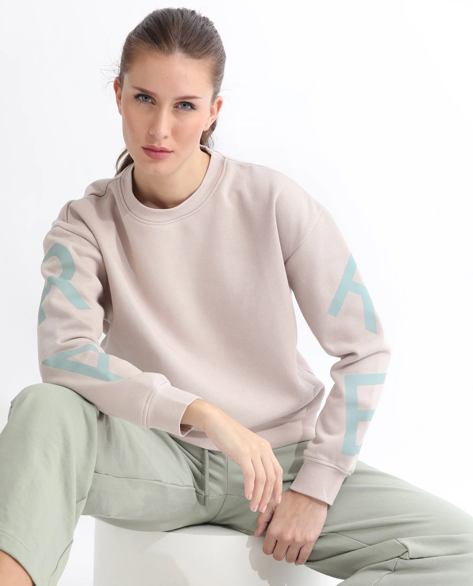 Rareism Women's Joni Beige Polyester Blend Crew Neck Graphic Print Regular Fit Sweatshirt - Image 15