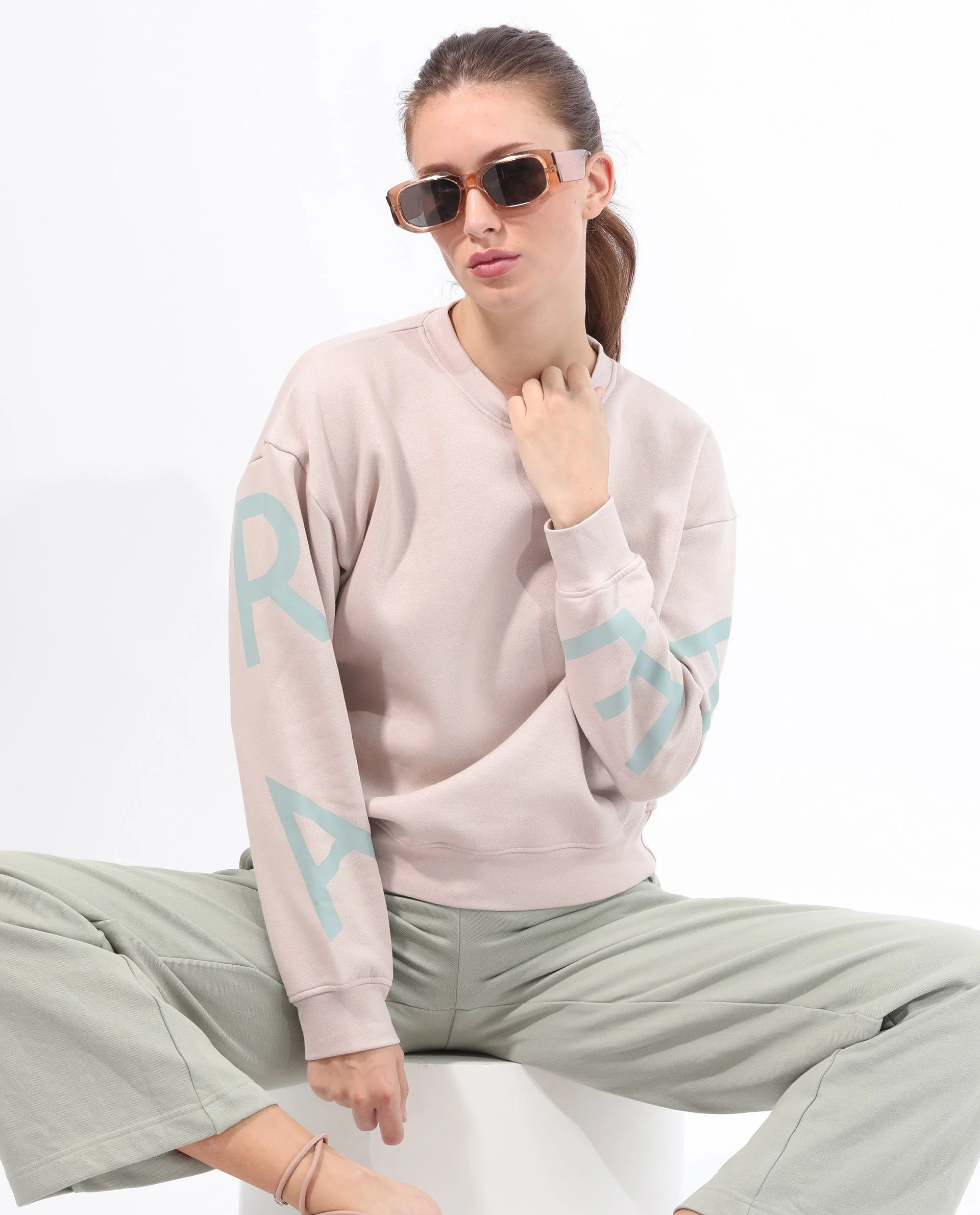 Rareism Women's Joni Beige Polyester Blend Crew Neck Graphic Print Regular Fit Sweatshirt - Image 17
