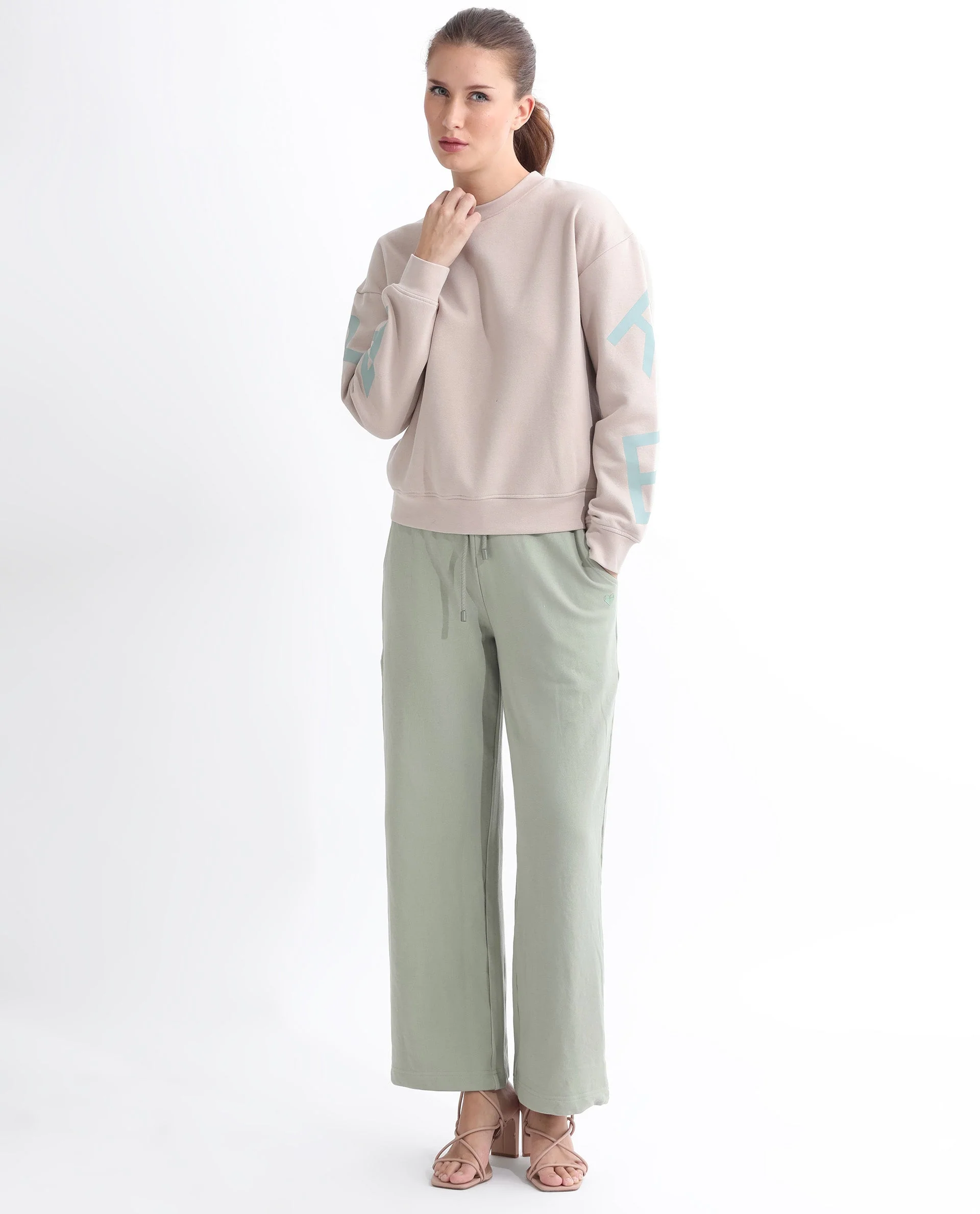 Rareism Women's Joni Beige Polyester Blend Crew Neck Graphic Print Regular Fit Sweatshirt - Image 2