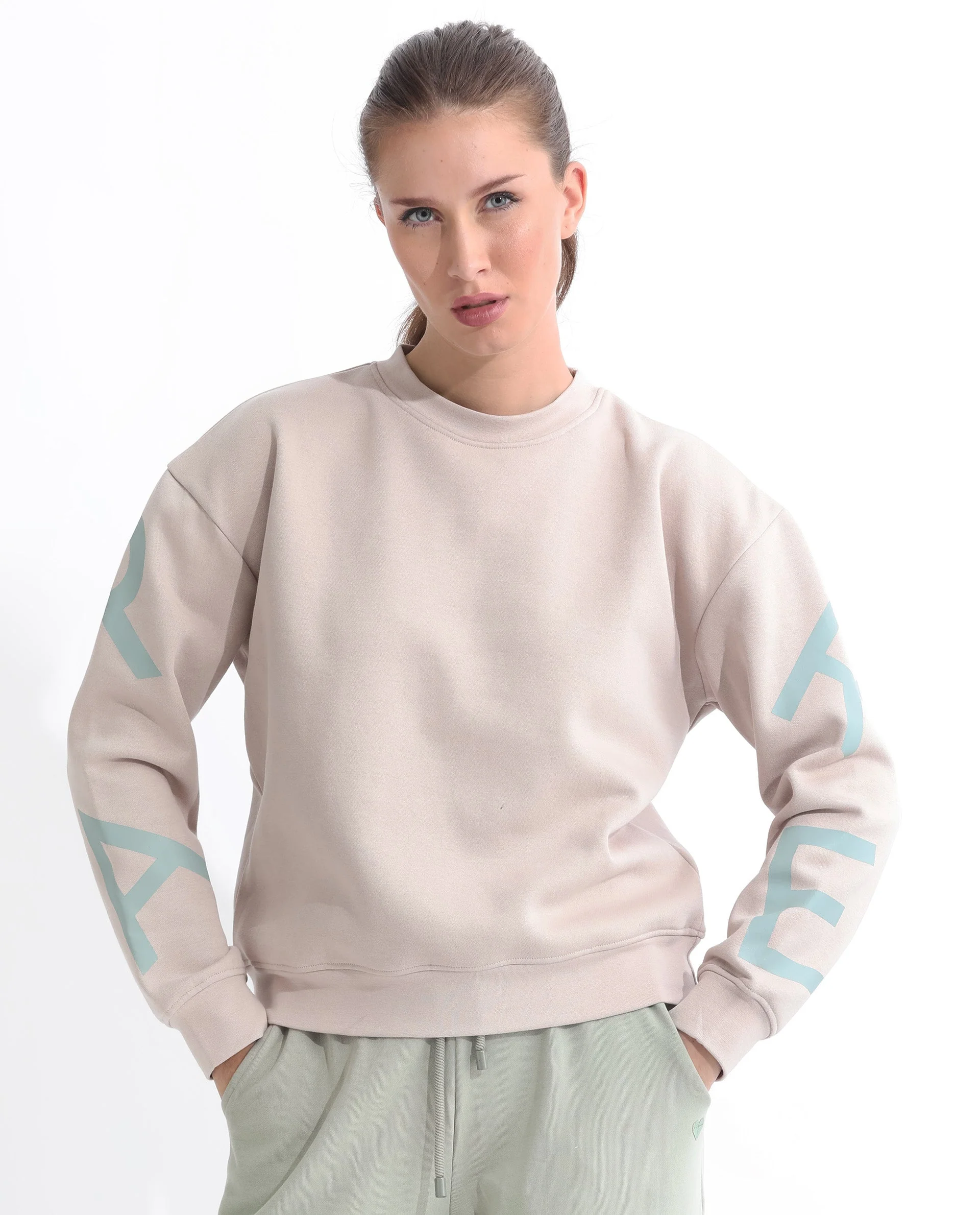Rareism Women's Joni Beige Polyester Blend Crew Neck Graphic Print Regular Fit Sweatshirt - Image 3
