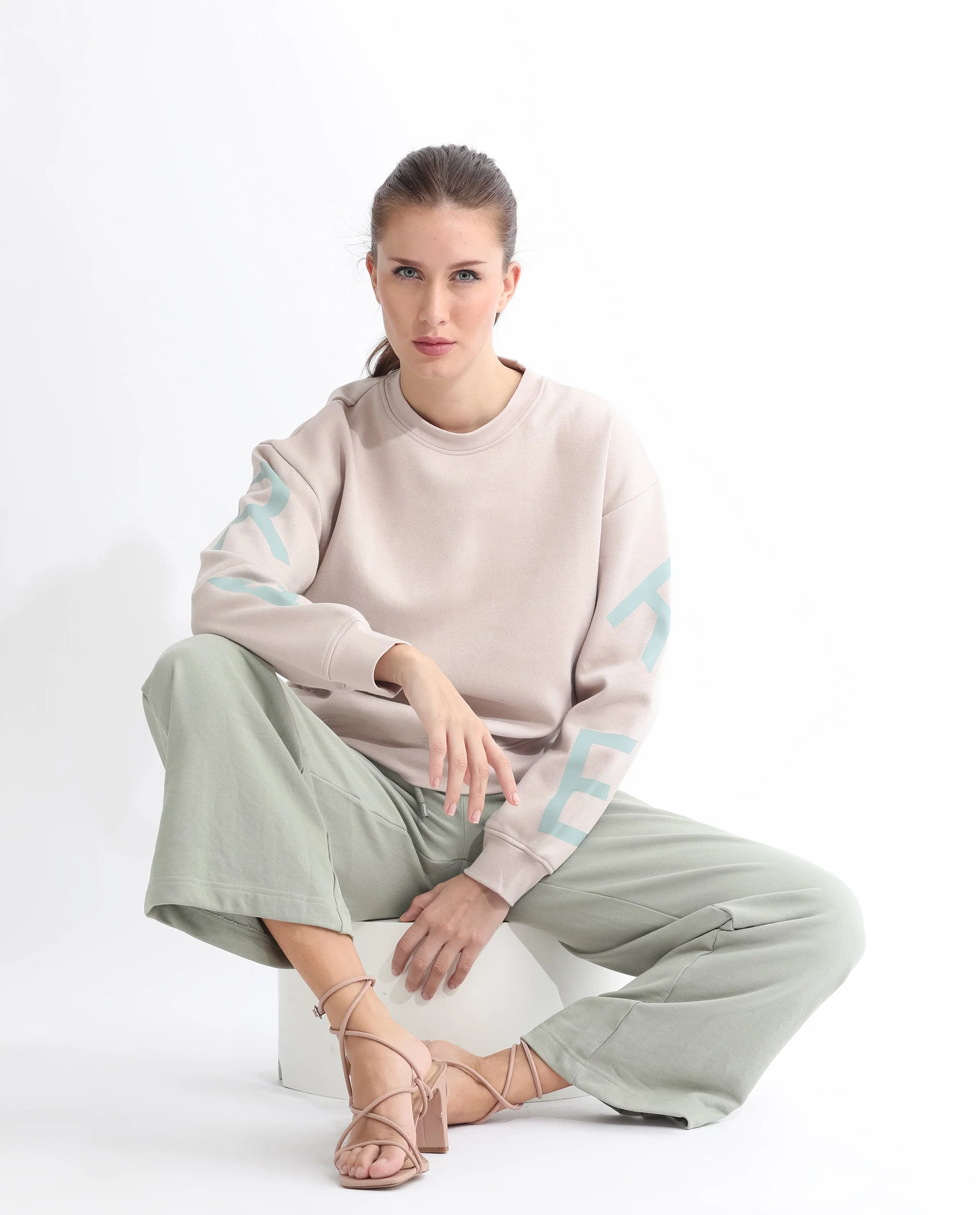 Rareism Women's Joni Beige Polyester Blend Crew Neck Graphic Print Regular Fit Sweatshirt - Image 4