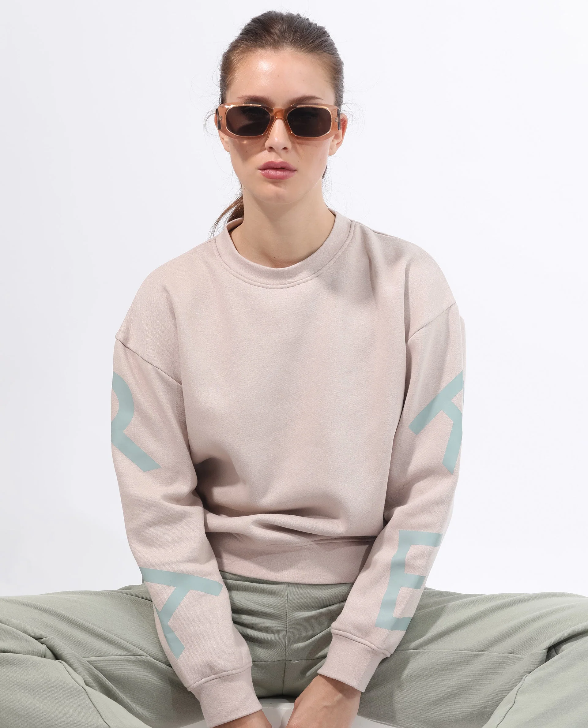 Rareism Women's Joni Beige Polyester Blend Crew Neck Graphic Print Regular Fit Sweatshirt - Image 7