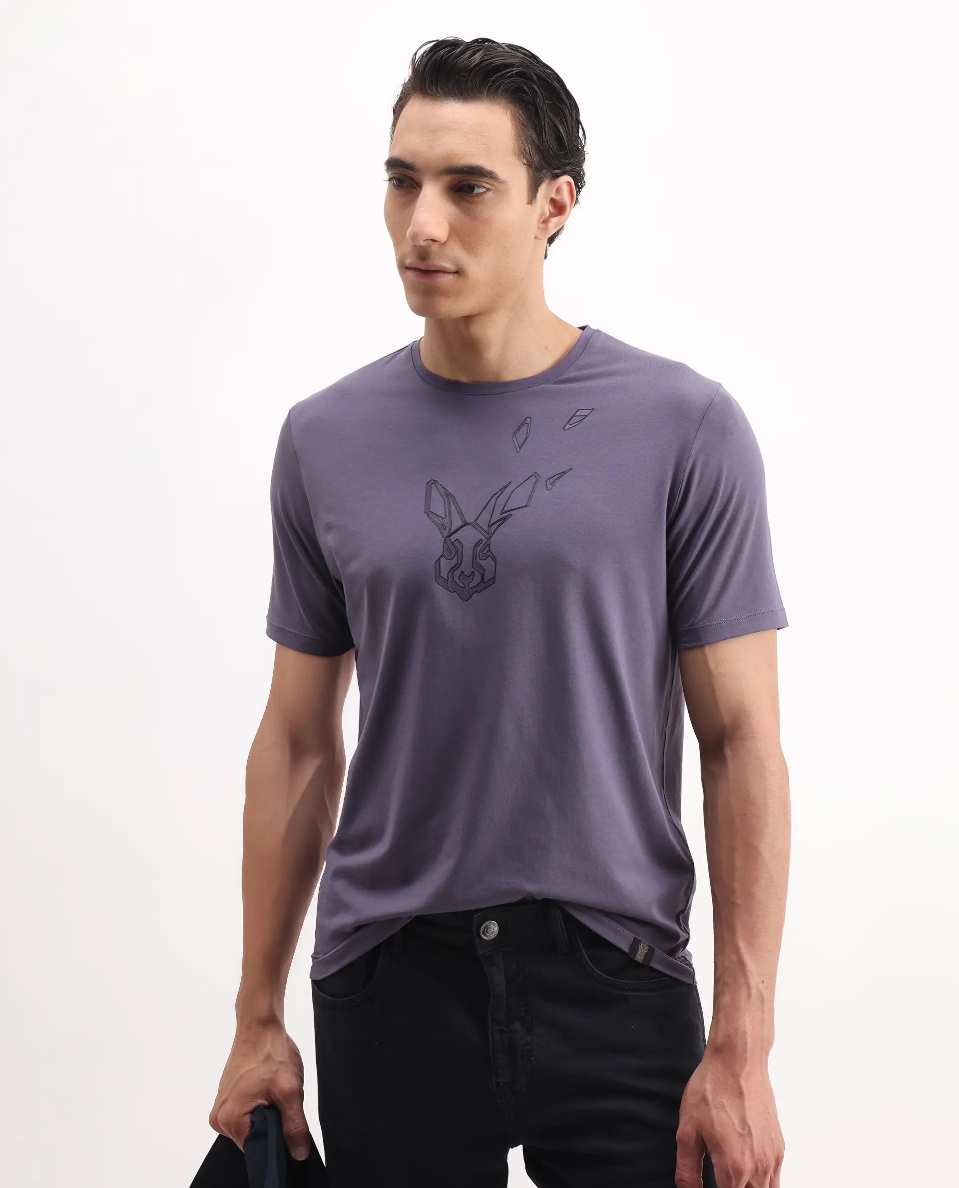 Rare Rabbit Men's Joon Dusky Purple Cotton Blend Graphic Print Regular Fit Half Sleeve Crew Neck T-Shirt
