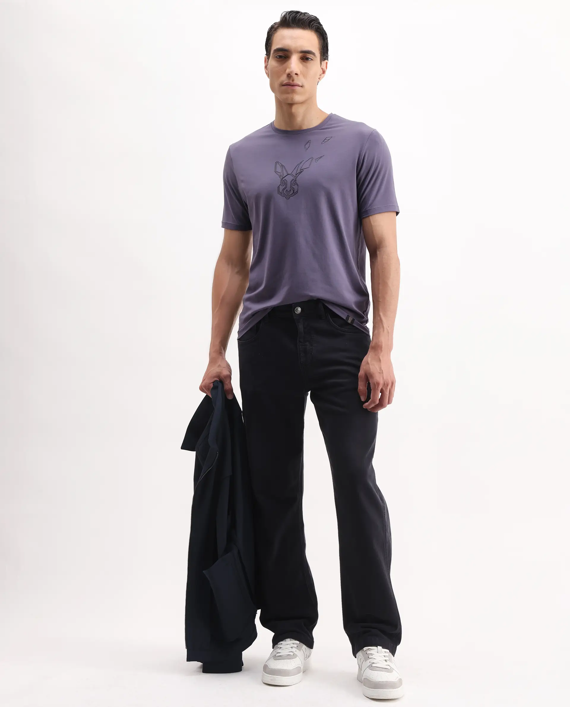Rare Rabbit Men's Joon Dusky Purple Cotton Blend Graphic Print Regular Fit Half Sleeve Crew Neck T-Shirt - Image 2