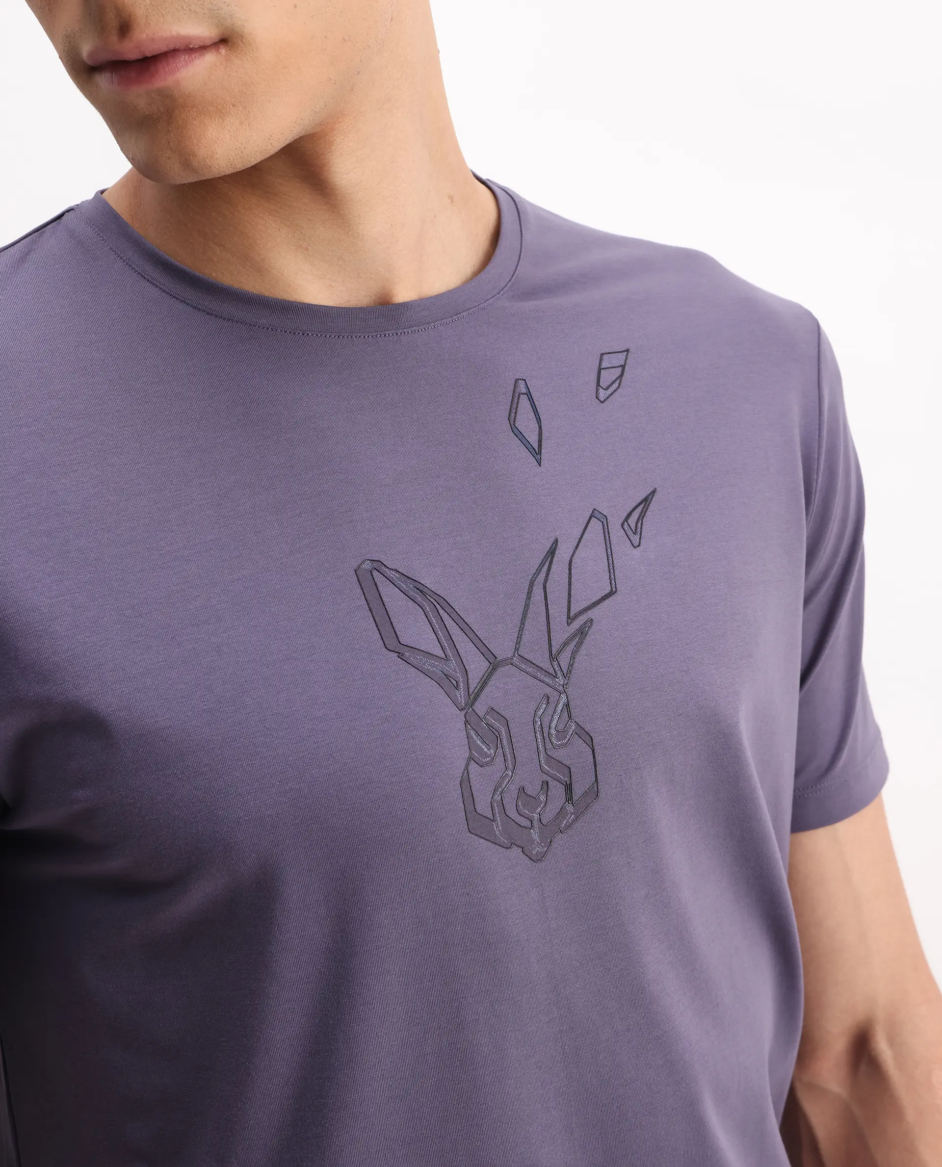 Rare Rabbit Men's Joon Dusky Purple Cotton Blend Graphic Print Regular Fit Half Sleeve Crew Neck T-Shirt - Image 3